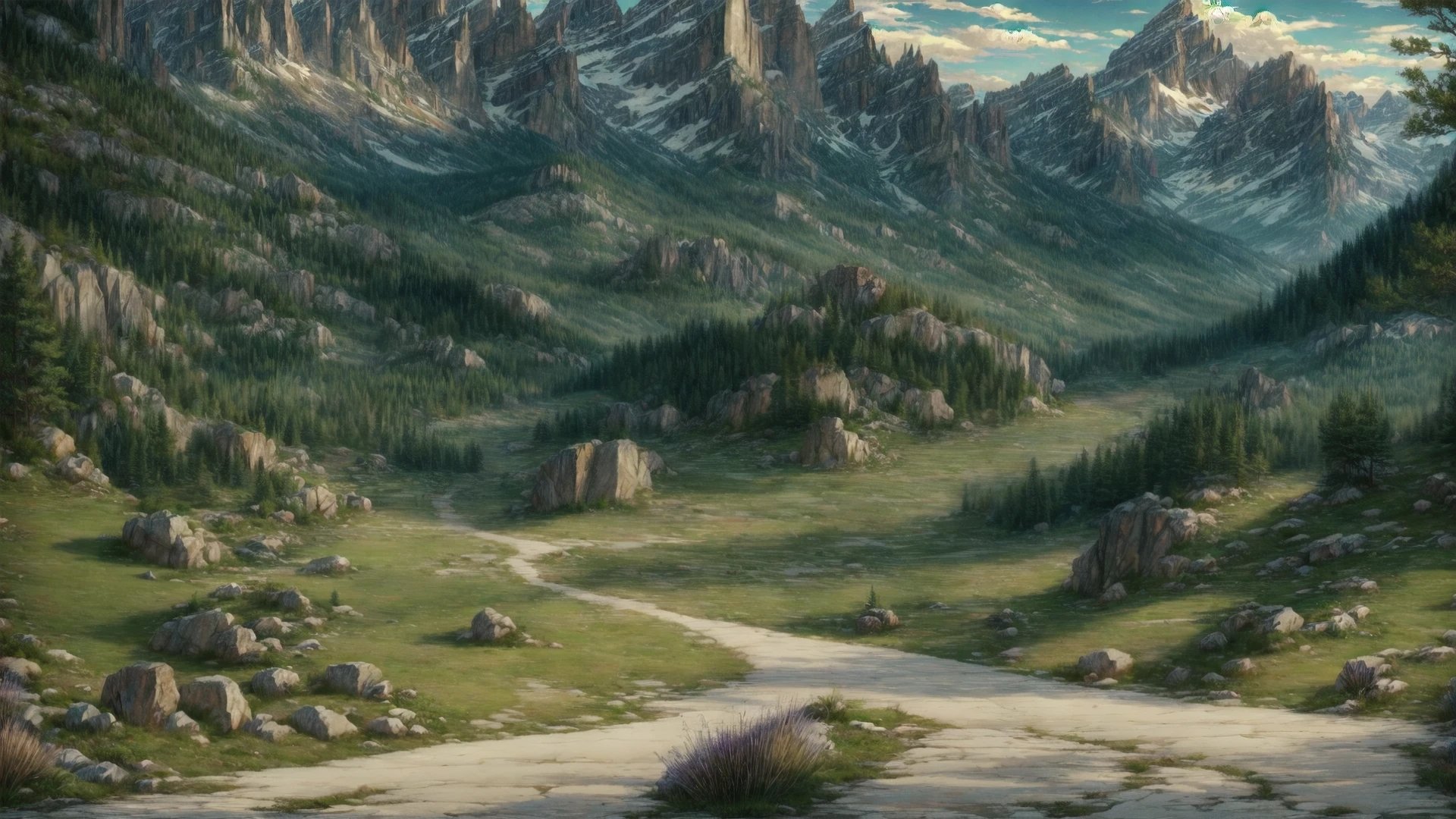 Role-playing game (RPG) style fantasy (an outdoor landscape shot of jagged and rocky mountains: 1.1), (with a rough dirt road going up: 1.1), (in a visual novel style: 1.1), <lora:fantasybgv1:0.8>, fantasybg, no humans, very detailed, <lora:more_details:0.6>, high quality, highres, masterpiece, best quality, 8k, intricate, detailed, <lora:add_detail:0.6> . Detailed, vibrant, immersive, reminiscent of high fantasy RPG games