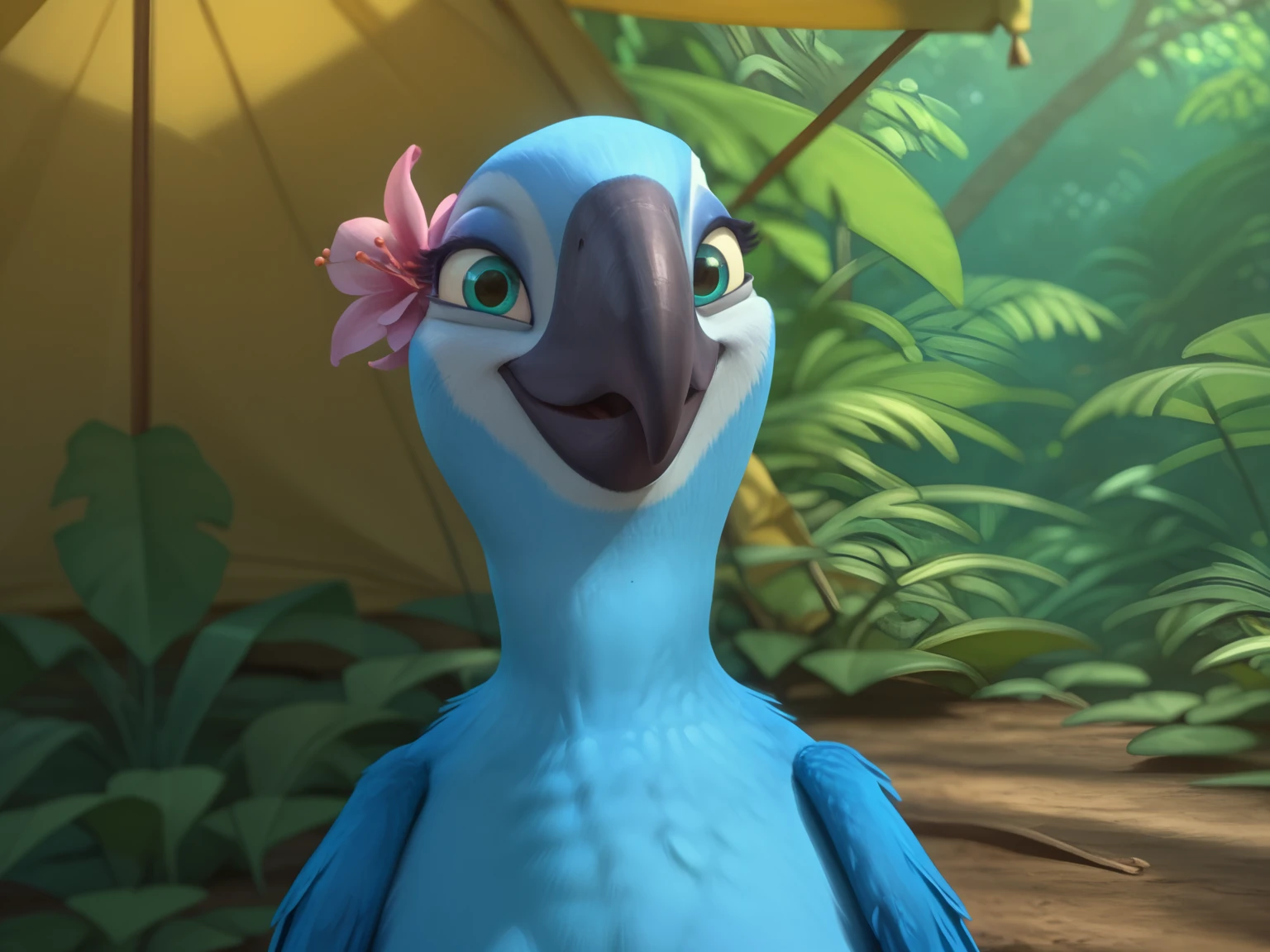 Score_9, score_8_up, score_7_up, zPDXL2 BREAK
jungle, tent,
 <lora:Jewel_Rio__Pony:0.8> Jewel, furry, furry female, female bird, green eyes, black beak, blue skin, nude, large breasts, blue nipples, pink flower in hair, portrait, close-up, looking at viewer, smile