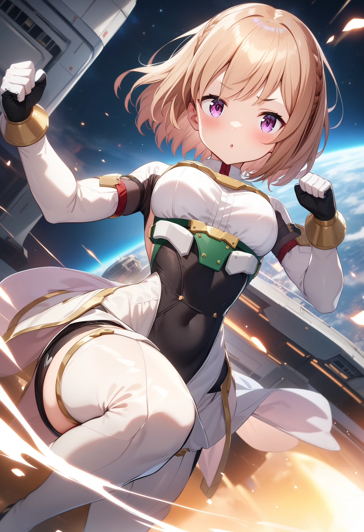 masterpiece,best quality,very aesthetic,absurdres,intricate details,rim light,metallic luster,1girl,<lora:shiina_v4_4:1>,shiina,futumushi,strong fist,light_blush,Space Station,starry_sky,flying,cinematic_angle,looking_at_viewer,front view,, masterpiece,best quality, very aesthetic, absurdres, ultra detailed, high resolution, 4k, extremely detailed CG,