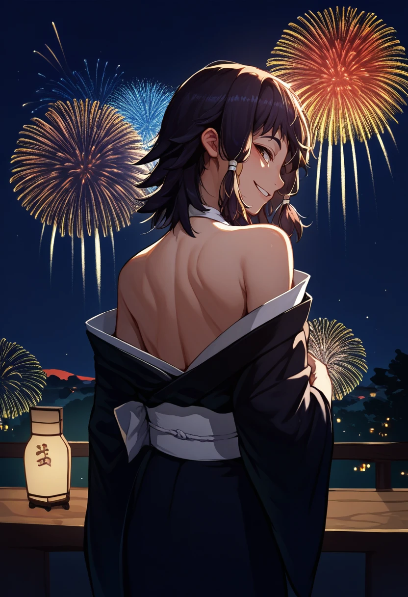 score_9, score_8_up, score_7_up, source_anime, from behind, solo, 1girl, odelschwanck, smile, looking back, random color kimono, off shoulder, bare shoulders, backboob, Fireworks