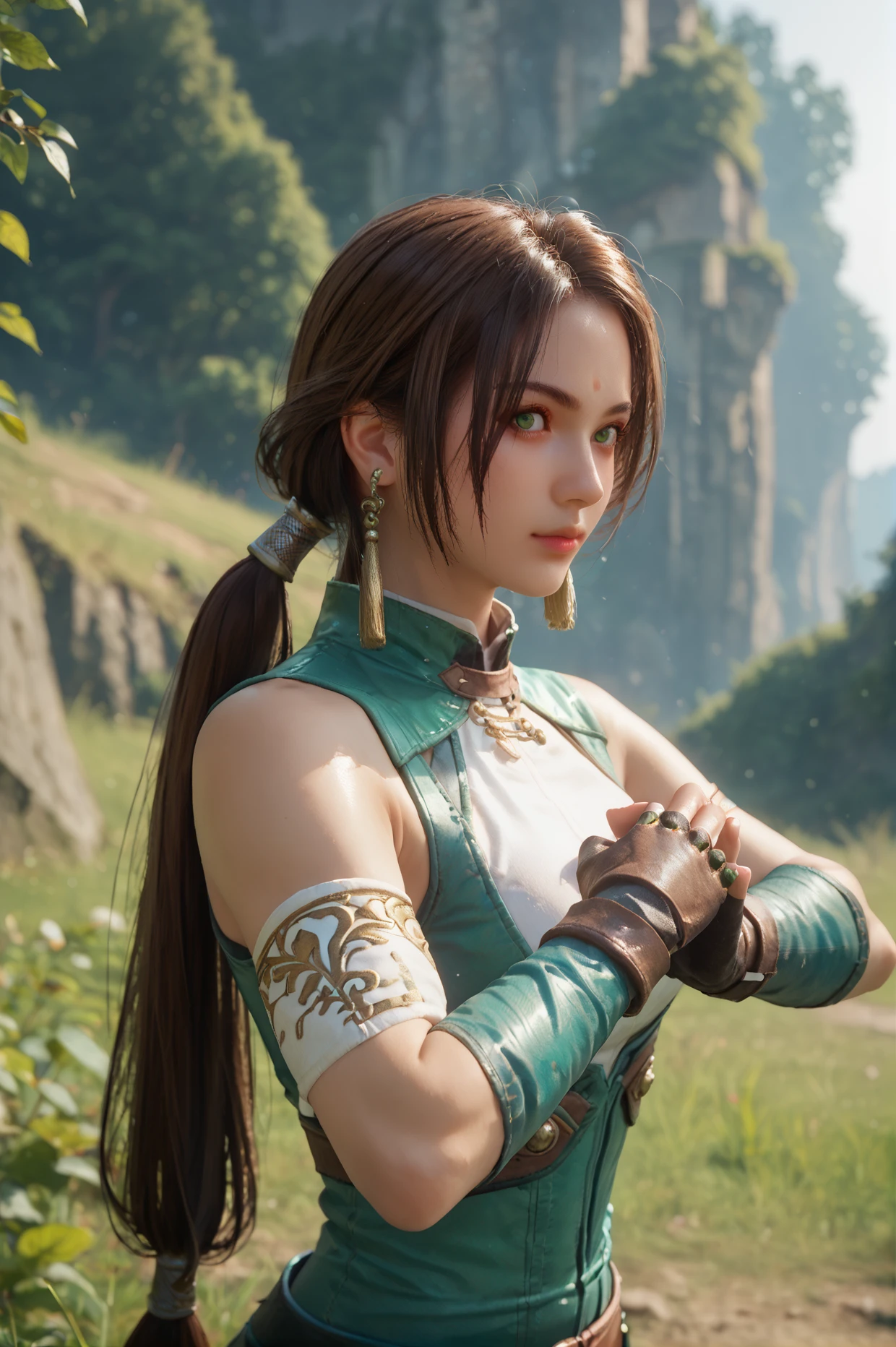 score_9, score_8_up, score_7_up, half body shot, Jumping with arms to the side, <lora:Yueying_Dynasty_Warriors:0.7> 1girl, solo, green eyes, brown hair, long hair, ponytail, earrings, jewelry, fingerless gloves, looking at viewer, outdoors