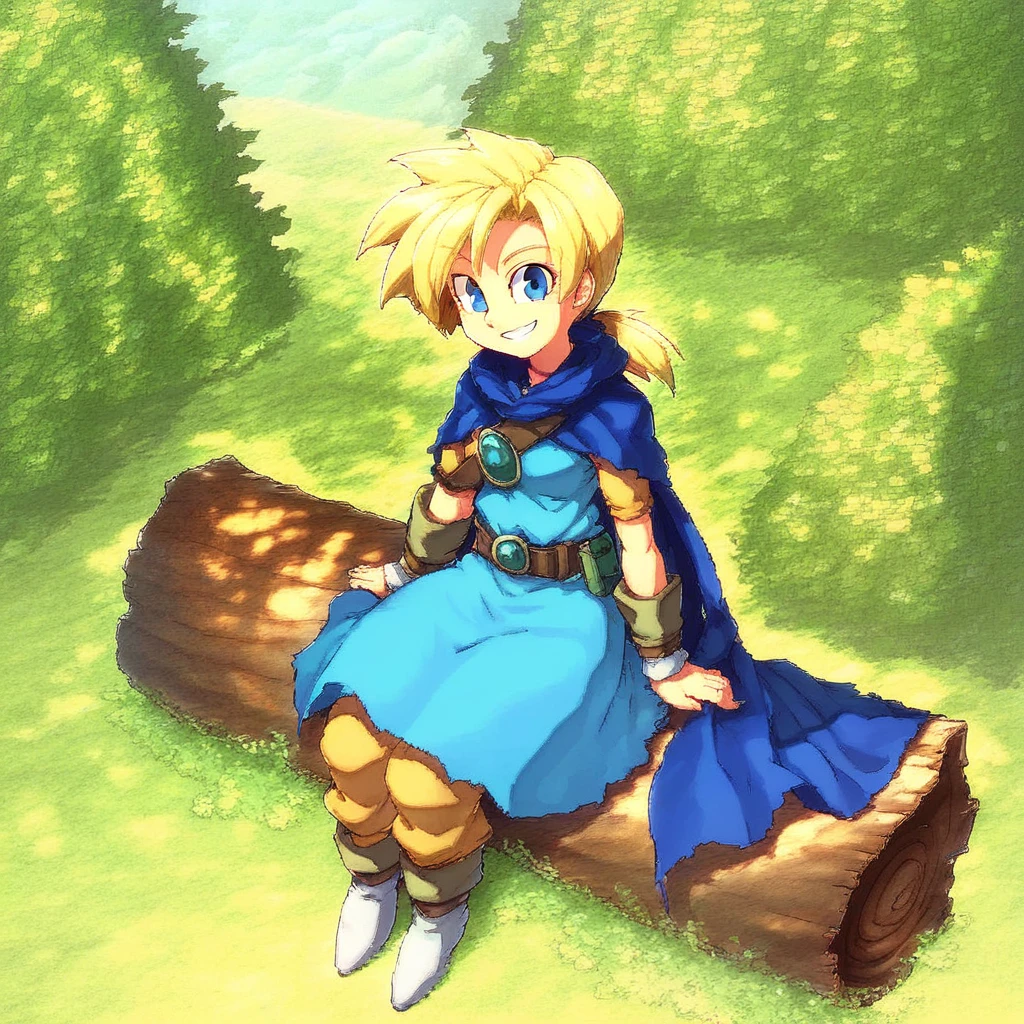 score_9, solo, hs, blonde hair, ponytail, blue eyes, cape, belt, sitting on a log, outdoors, smile