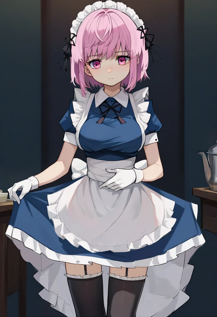 score_9, score_8_up, score_7_up, source_anime,  <lora:Victoria BS2pony:0.9>, victoria453, 1girl, solo, pink hair, hips, breasts, short hair, ribbon, apron, black ribbon, short sleeves, gloves, white gloves, thighhighs, maid, maid headdress, pink eyes, black thighhighs, dress,