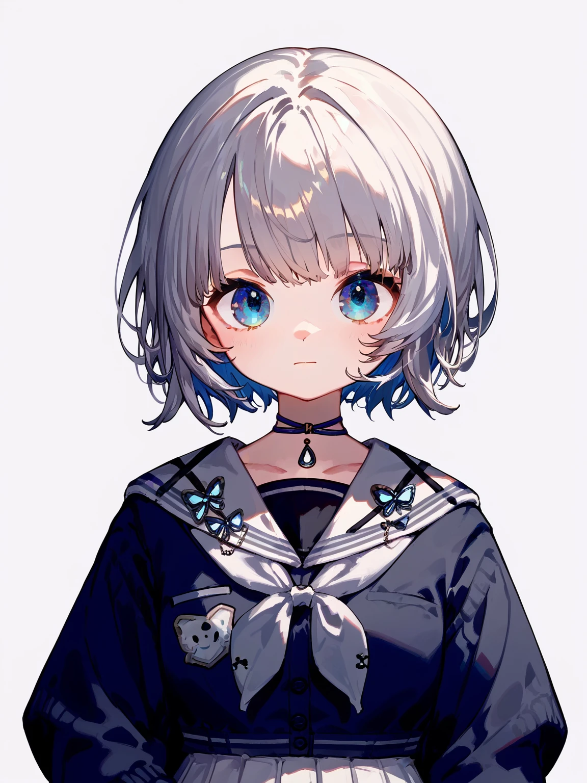 (score_9,score_8_up,score_7_up,),<lora:lulu-000008:0.9>,lulu,1girl,solo,blue eyes,virtual youtuber,short hair,choker,socks,bangs,closed mouth,white skirt,pleated skirt,white sailor collar,neckerchief,white background,simple background,upper_body,cardigan,