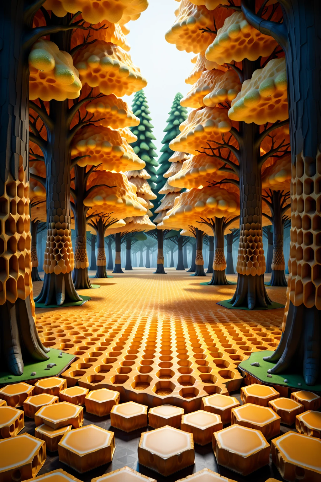 hyper realistic, dense honeycomb forest, trees made of honeycomb