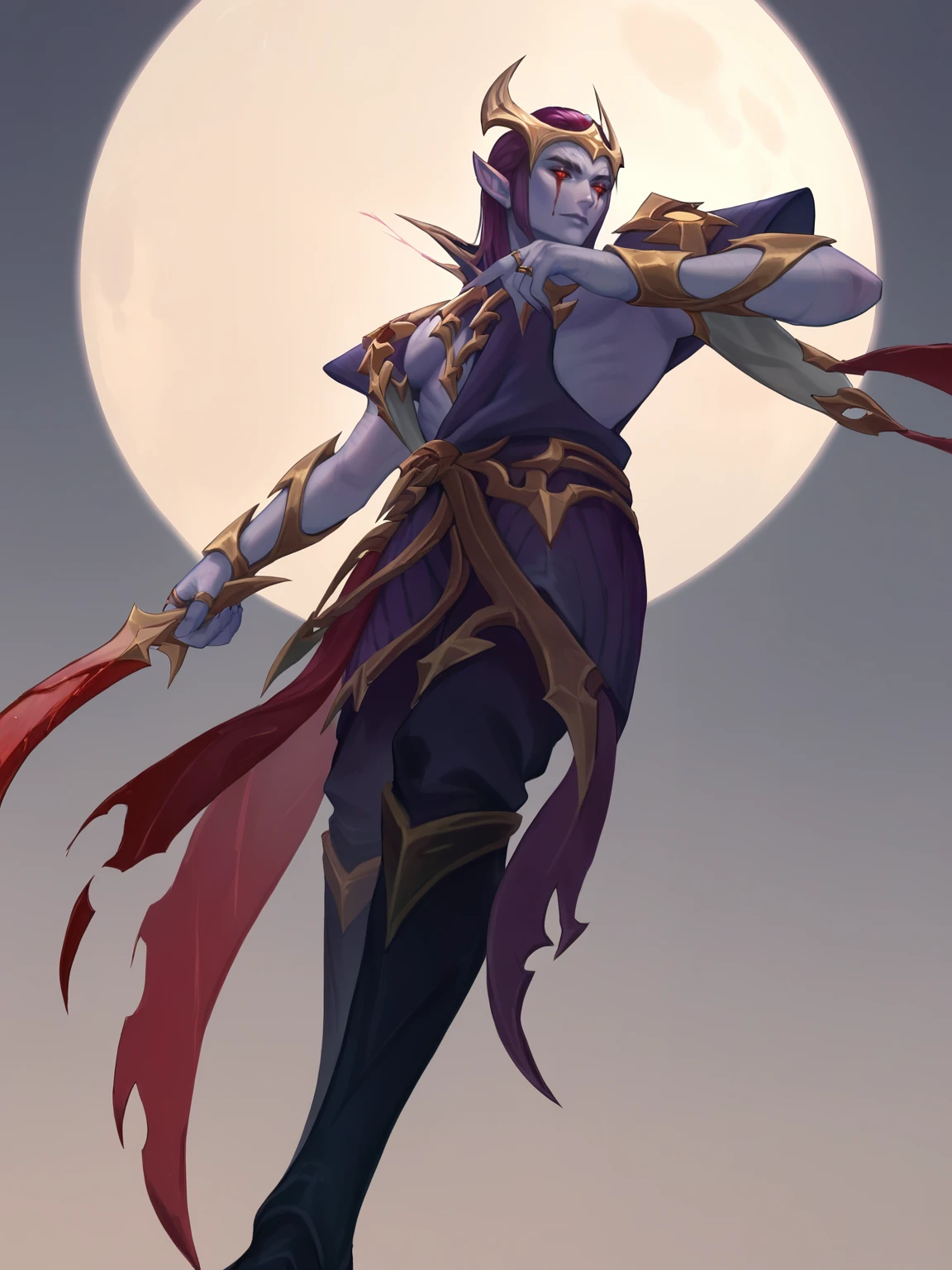score_9, score_8_up, score_7_up, BREAK, ApheliosNB, 1man, solo, purple hair, golden horned crown, red marks under eyes, purple robe with golden armor, two scarfs on shoulders, golden bracer, golden rings, dark pants, dark boots, crossed hands on his chest, arrogant look, from below view, blood moon, dark theme <lora:ApheliosNB:1>