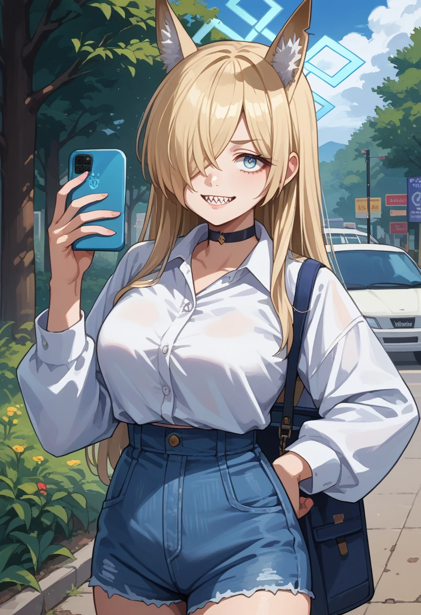 score_9, score_8_up, source_anime, 1girl, solo, KannaBA, animal ears, sharp teeth, long hair, hair over one eye, blue halo, white shirt, dress shirt, black choker, holding cellphone, denim shorts, high-waist shorts, outdoors, smile, <lora:ChamKannaBAPonyXL:1>