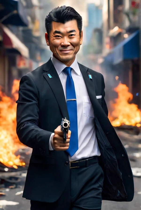 <lyco:Izumi_Kenta:1.0>, highly detailed professional 8k raw photography, best hyperrealistic quality backgrounds, volumetric real-time lighting and shadows, smile, middle aged man, asian, black hair, wearing  black suit and blue tie, white shirts under the black suit, Asian, (Izumi Kenta) holding hand gun by left hand, muzzle fire, burning city streets background