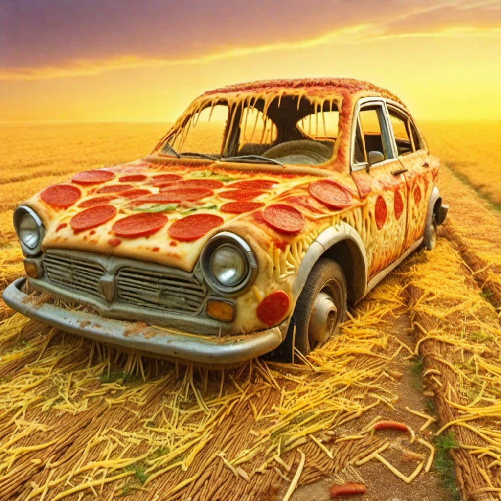 <lora:Pizza_World_Morph_SDXL:1> pizzasdxl,  Abandoned car in a farmers field