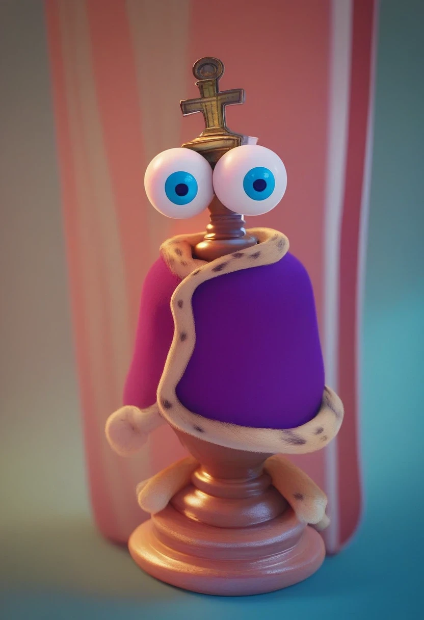 kinger, 1boy, solo, alder wood-colored king chess piece character, violet royal cloak with white fuzzy lining spotted with black, cartoonish white-gloved hands detached from body, large asymmetrical eyes, full body, source, no humans, blue eyes, 3d, source_cartoon, sleeveless, eyeballs, no mouth, white gloves