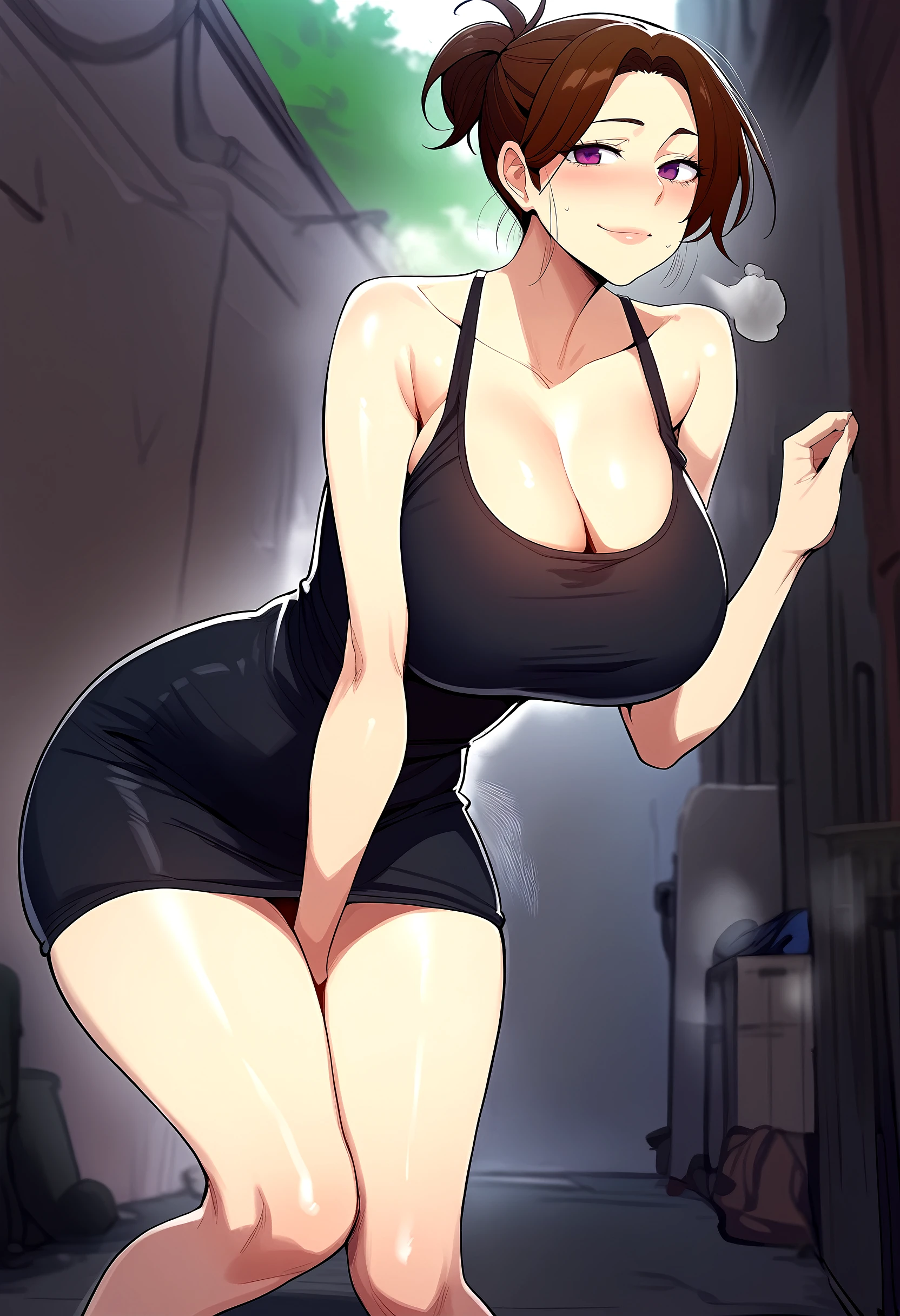 white tank tops、black shiny leggings、black gloves、sports wear、A MILF, Erotic Married Woman, Uber Eats、Apartment background、carry a large dark bag on one&#39;s back、 ((Sweat, steam)), Bewitching smile、Super huge、Large cleavage、The courier、