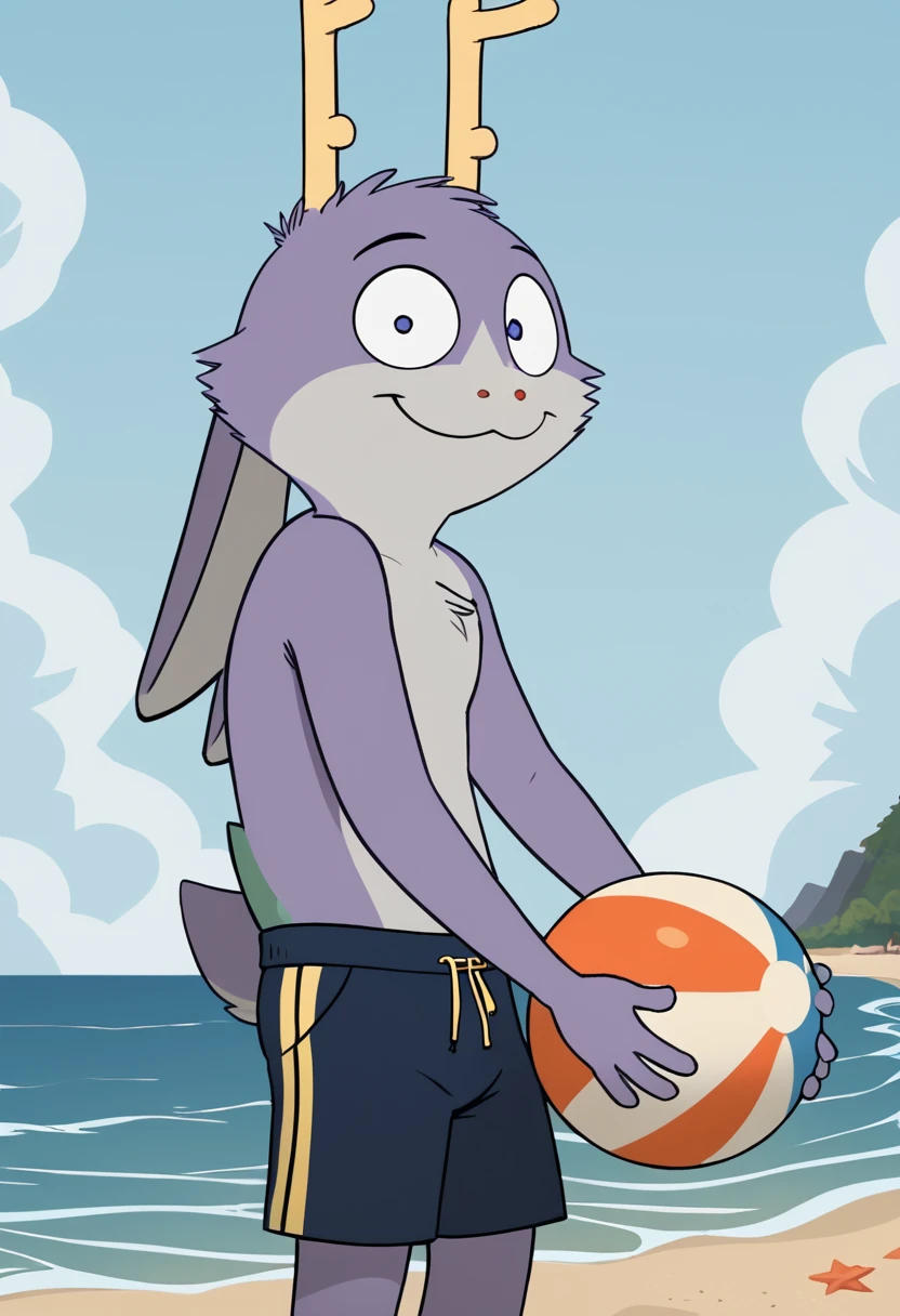 score_9, score_8_up, score_8,    <lora:Taylor_aka_Fatigue_Bedfellows_for_PonyXL:0.8> 1boy, furry male, animal ears, antlers, f4tigu3, jackalope, beach. swim trunks, beach ball, smile, wave, solo,