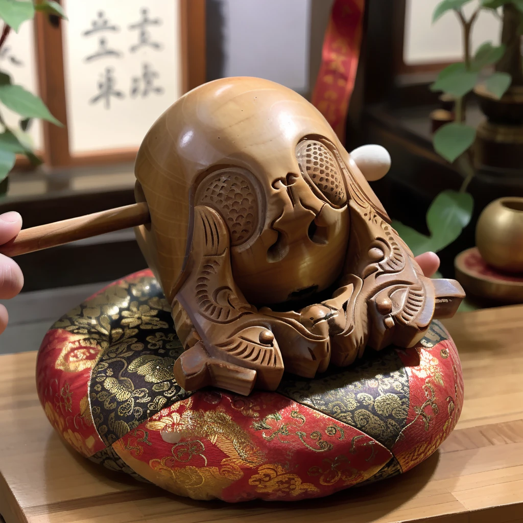 Create a realistic image of a monk playing a wooden skull instrument. The monk is seated in a serene environment, possibly within a temple or a natural setting. The wooden skull should be detailed, showing the texture of the wood and the intricate design of the instrument. The monk, dressed in traditional robes, should appear focused and absorbed in the act of playing the instrument. The overall atmosphere should be calm and contemplative, with soft lighting that highlights the monk and the wooden skull,<lora:wood_fish:0.8>