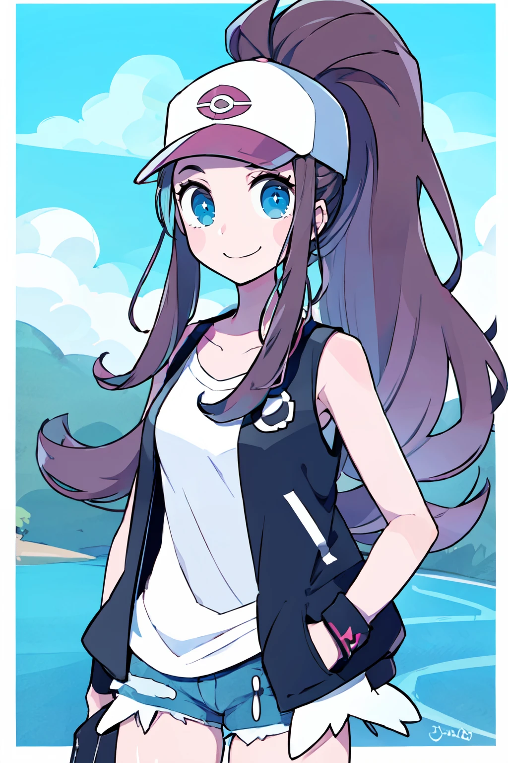 ((masterpiece,best quality)), absurdres, <lora:Chon33v_Style:0.8>, BREAK, , BREAK, <lora:HildaPokemon_v5:0.7>, zzHilda, blue eyes, long hair, high ponytail, sidelocks, hat, collarbone, white shirt, black vest, sleeveless, wristband, short shorts, denim shorts, exposed pocket,, BREAK, solo, smile, looking at viewer, cowboy shot,