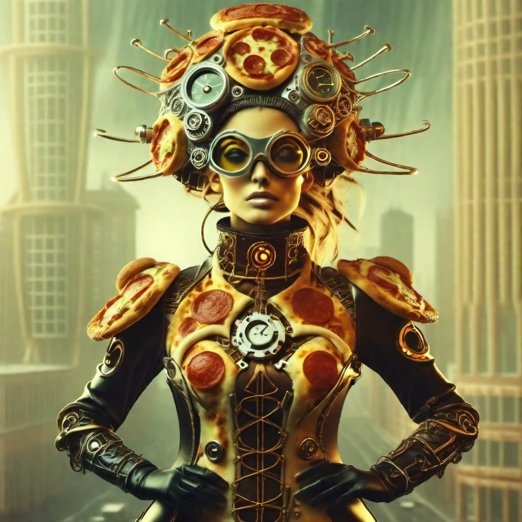 <lora:Pizza_World_Morph_SDXL:1> pizzasdxl,  a woman wearing a  futuristic steampunk outfit,city , dramatic pose