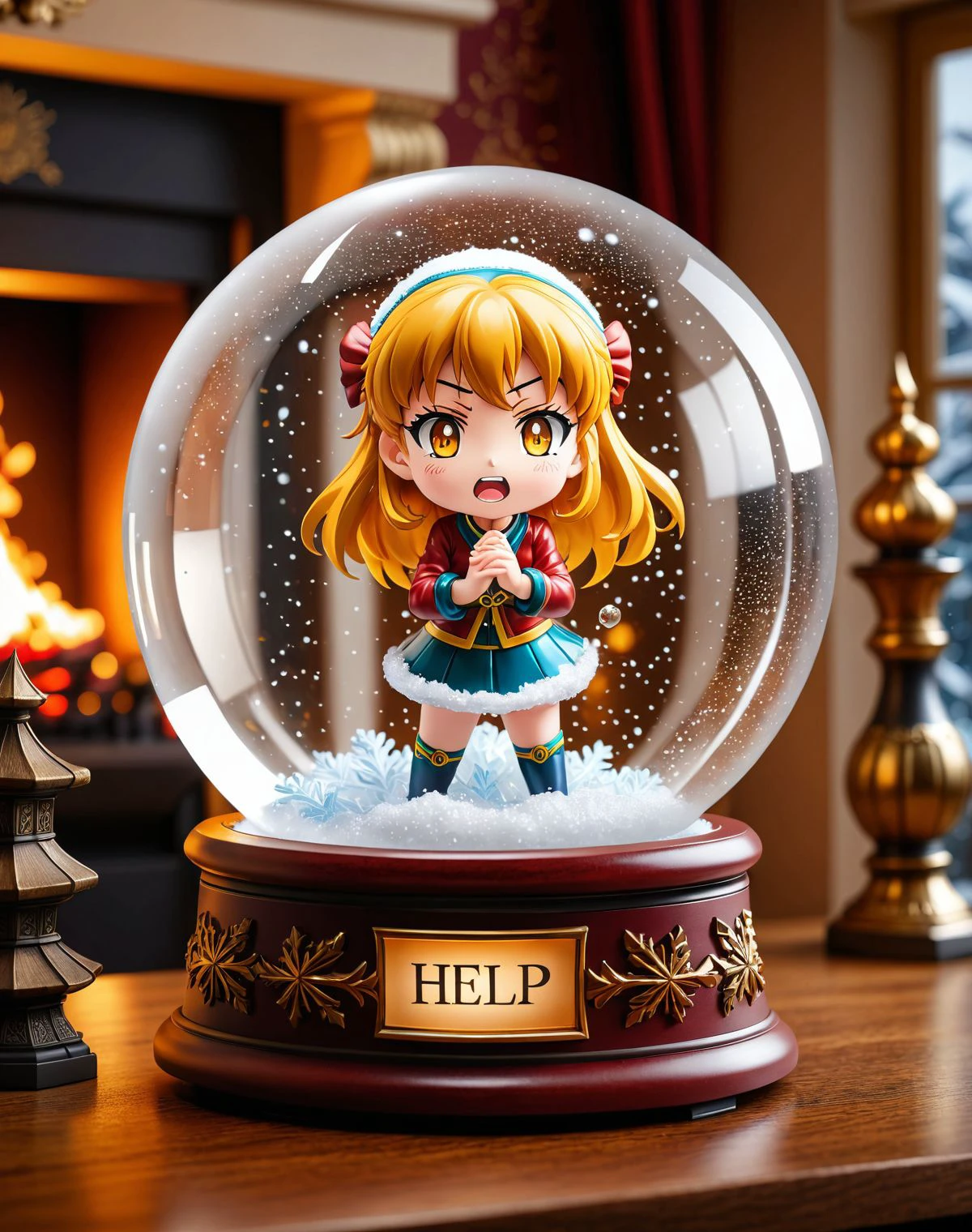 A snow globe with angry anime girl inside calling for help, on a table, best quality, highly detailed , a fire place in the background, warm lightning, emotional, harmonious, vignette, highly detailed, high budget