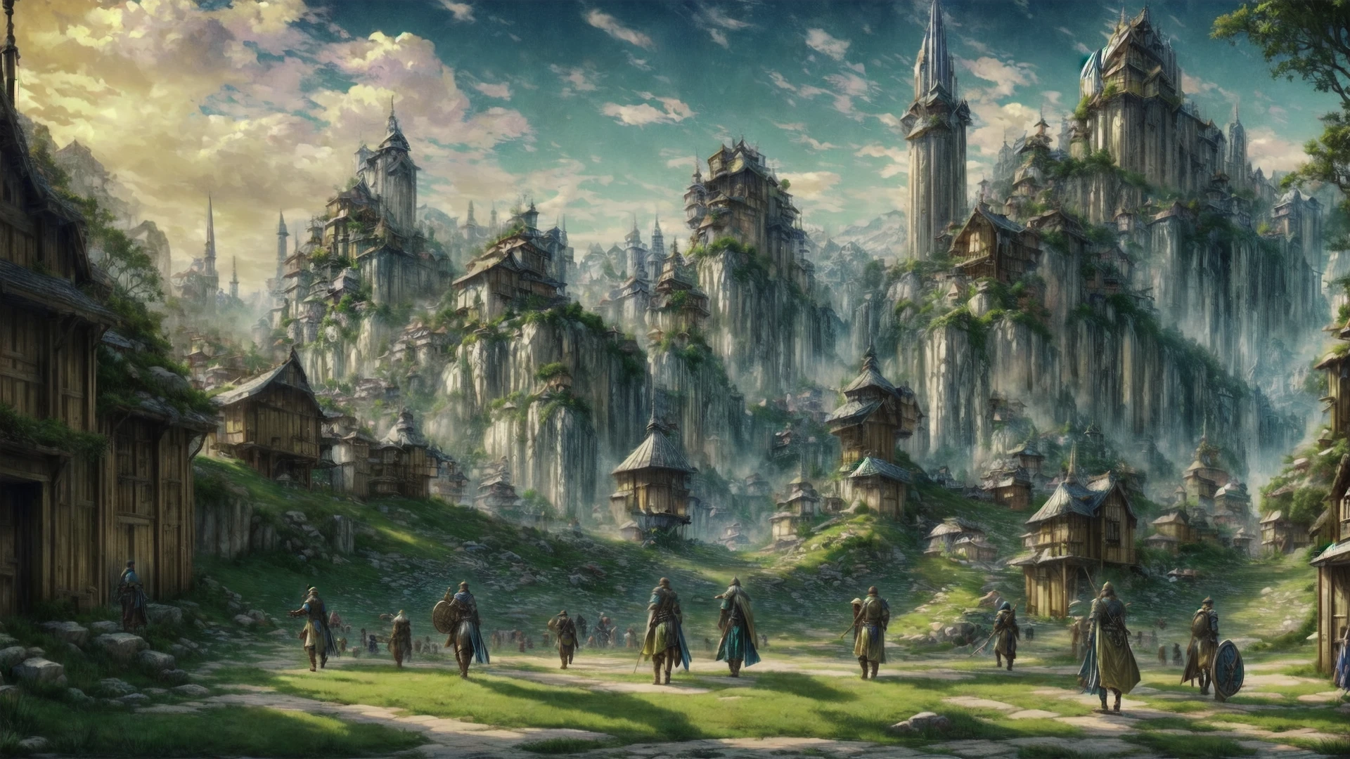 Role-playing game (RPG) style fantasy (an outdoor landscape shot of a high fantasy RPG game city: 1.1), (with many buildings of differing sizes: 1.1), (in a visual novel style: 1.1), <lora:fantasybgv1:0.8>, fantasybg, no humans, very detailed, <lora:more_details:0.6>, high quality, highres, masterpiece, best quality, 8k, intricate, detailed, <lora:add_detail:0.6> . Detailed, vibrant, immersive, reminiscent of high fantasy RPG games