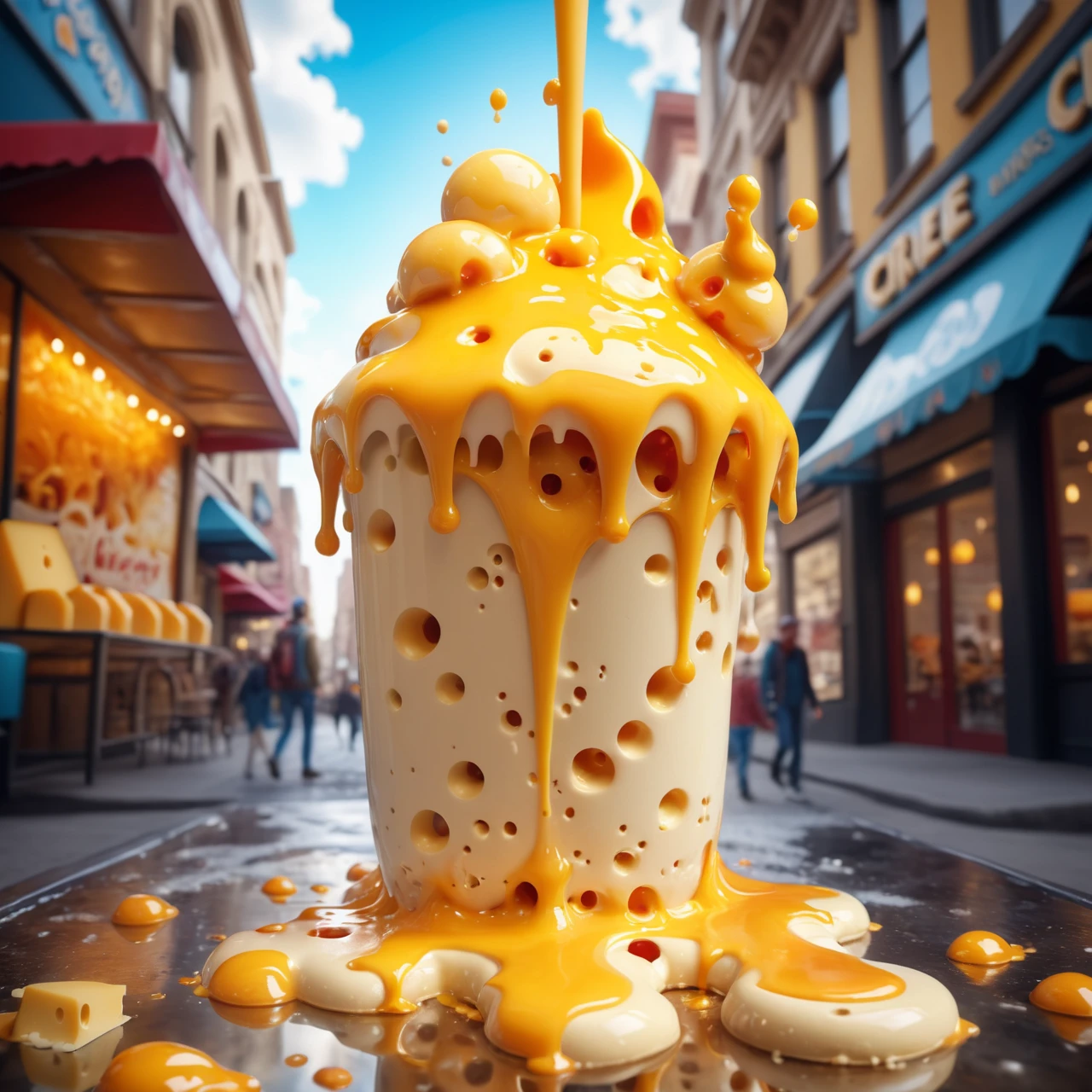 Jed-Drpgcese, walking in a city, masterpiece, full of details <lora:DrippingCheeseStyle-000006:0.8>, 3D Rendering, Hard-boiled milkshake, High quality, cinematic atmosphere, enchanted, shiny, creative, delicate, located artistic, dynamic cinematic perfect background, highly intricate