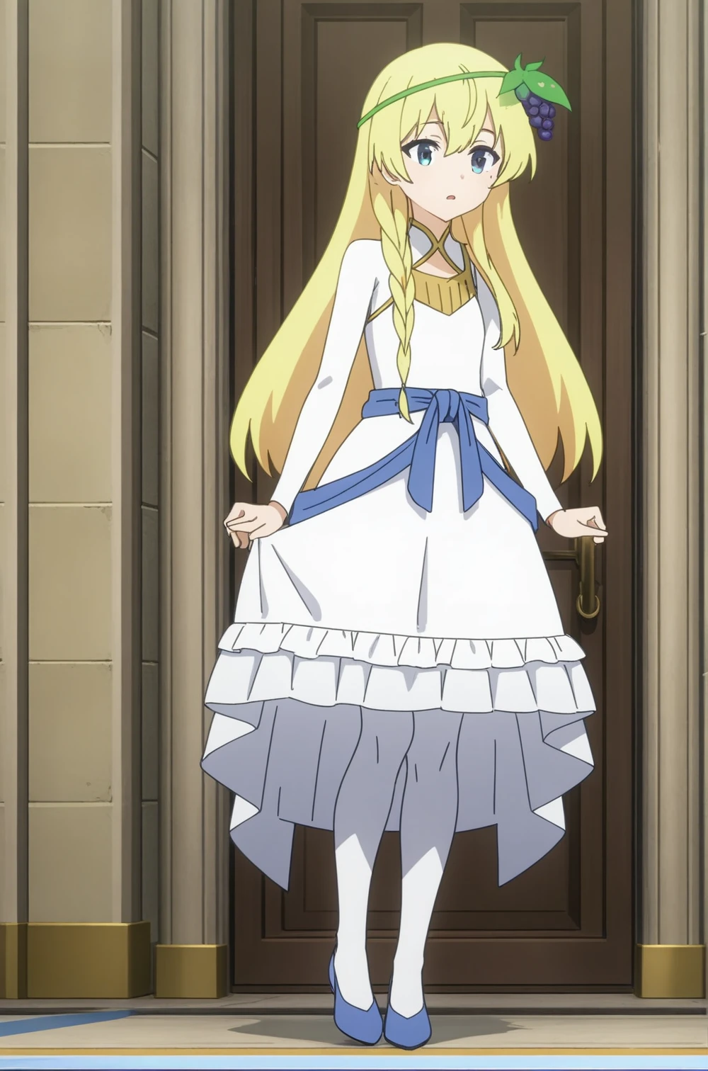 white dress blue belt, ks-iris, hair ornament, 1girl, solo, skinny, masterpiece, absurdres, high quality, highres, best quality, (full body:1.20), recent <lora:ks-iris-V01:0.8>