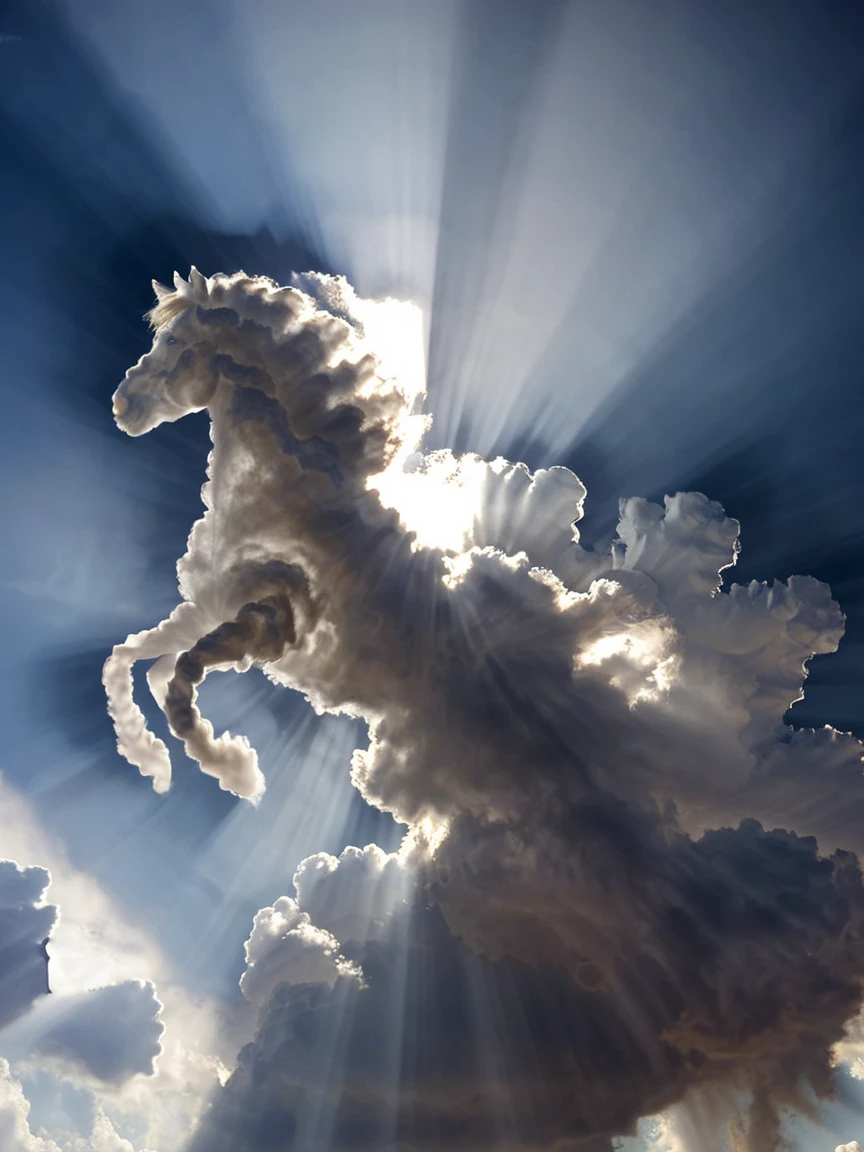 <lora:cloudsXL:1> horse made of clouds, cloud, sky, day, light rays,