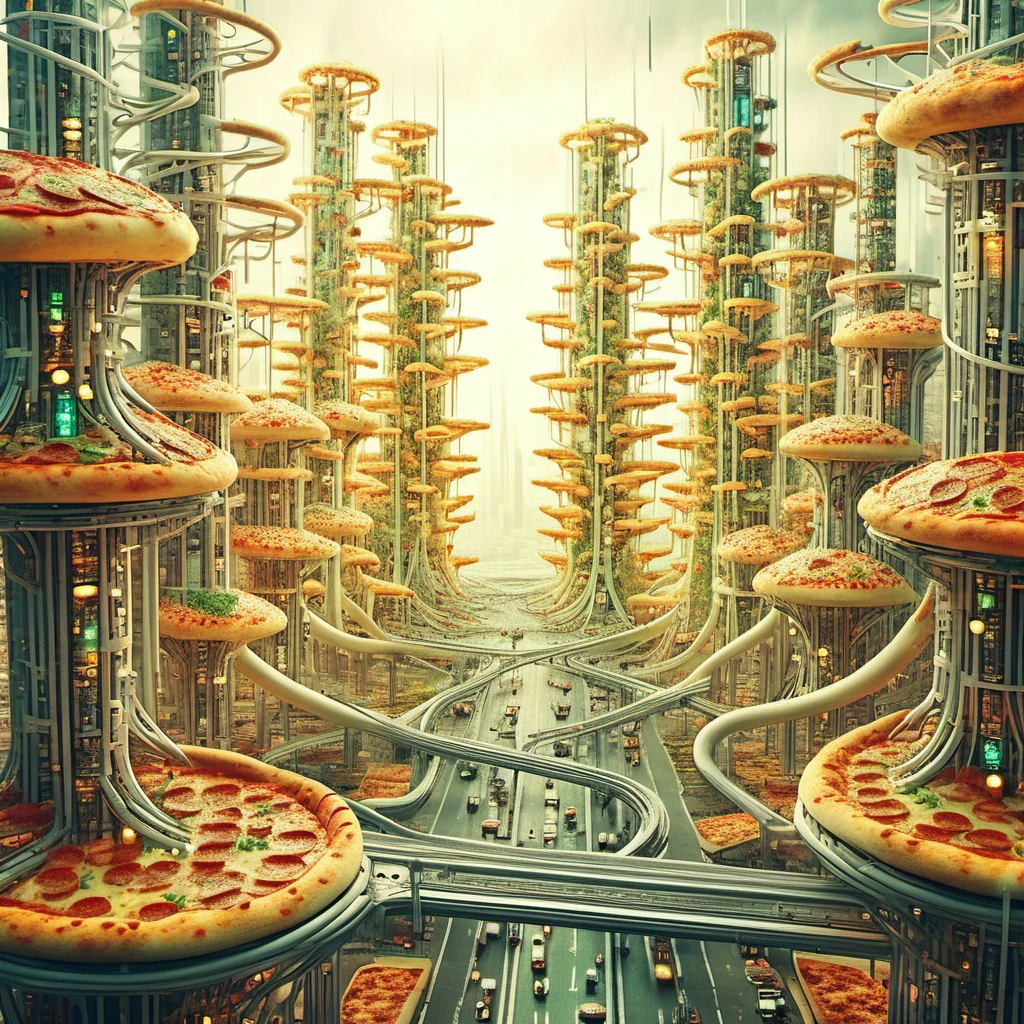 <lora:Pizza_World_Morph_SDXL:1> pizzasdxl,  1 man tubes, pipes, wired Futuristic dystopian city viewpoint featuring drone deliveries ,colorful, masterpiece, best quality, professional artwork,