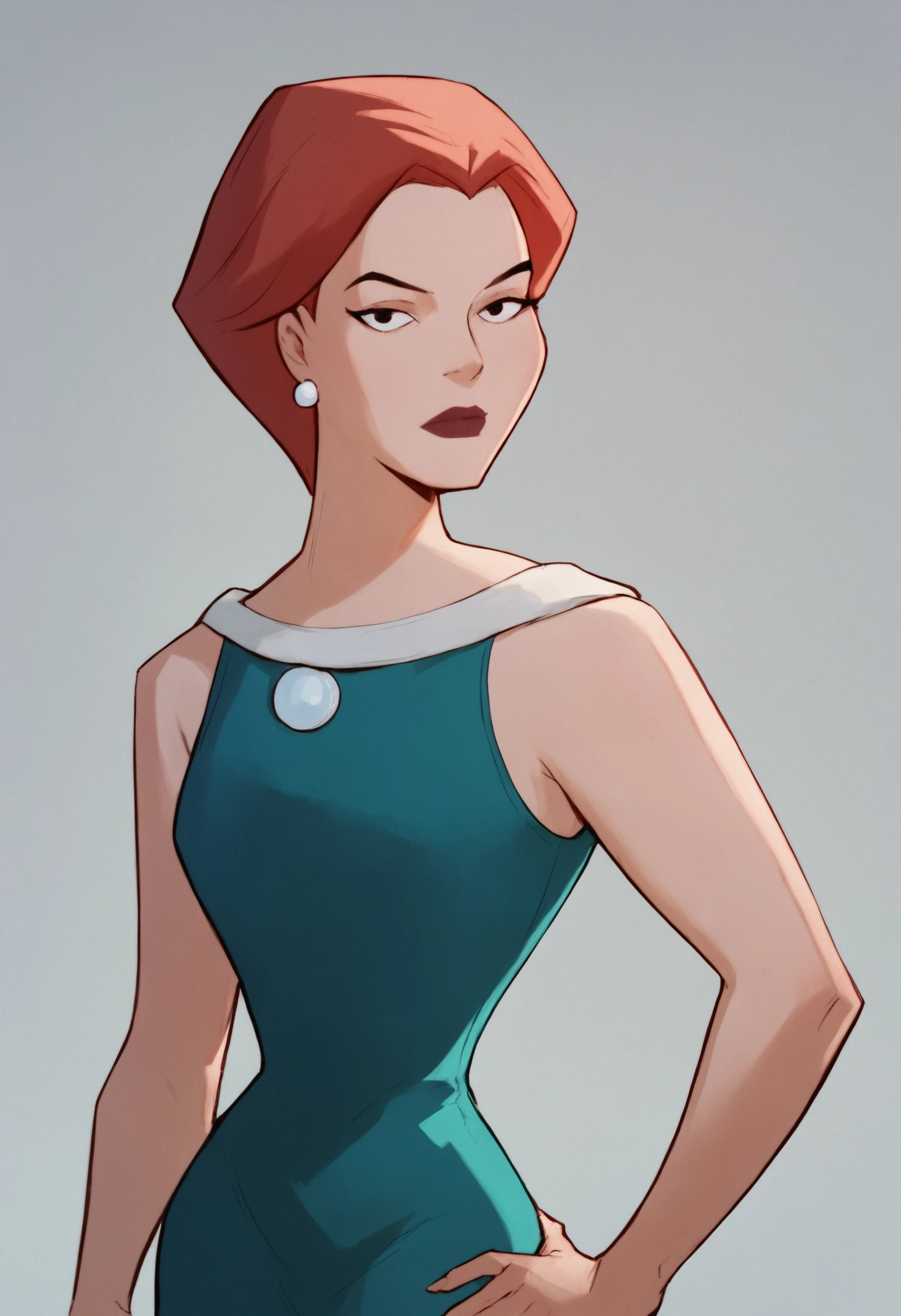 <lora:MaryMcGinnisBatmanBPony1.0:1> marymcginnis, 1girl, short hair, solo, red hair, jewelry, earrings, green dress, lipstick, score_9, score_8_up, score_7_up, score_6_up, score_5_up, score_4_up, looking at viewer, hand on own hip, cowboy shot,simple background,