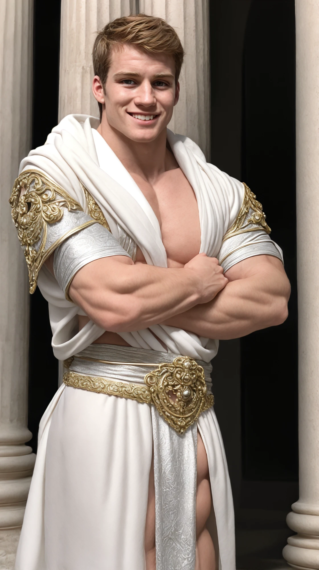 (face focus). (masculine:1.3), large strong physique:1.0, at outdoor marble greek temple, (muscular;1.2), large muscles:1.1 (wearing ornate revealing silver fantasy robes:1.3), (fantasy theme:1.3), (wearing matching silver and white loincloth:1.2), sexy pose:1.0, styled hair, confident, handsome, (((masterpiece))), (((best quality))), (hands on waist), male, athletic, looking at viewer, (short hair), lower color saturation:1, lower contract color:1, smile, <lora:JDFootballBertrand (1):1>, DFootballBertrand