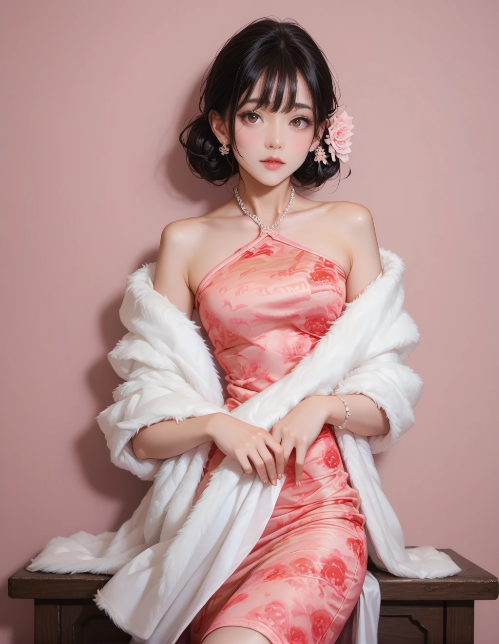 score_9,score_8_up,score_7_up,solo,pink background,china dress,pink skirt,white capelet,flower,<lora:future-0713:1>,