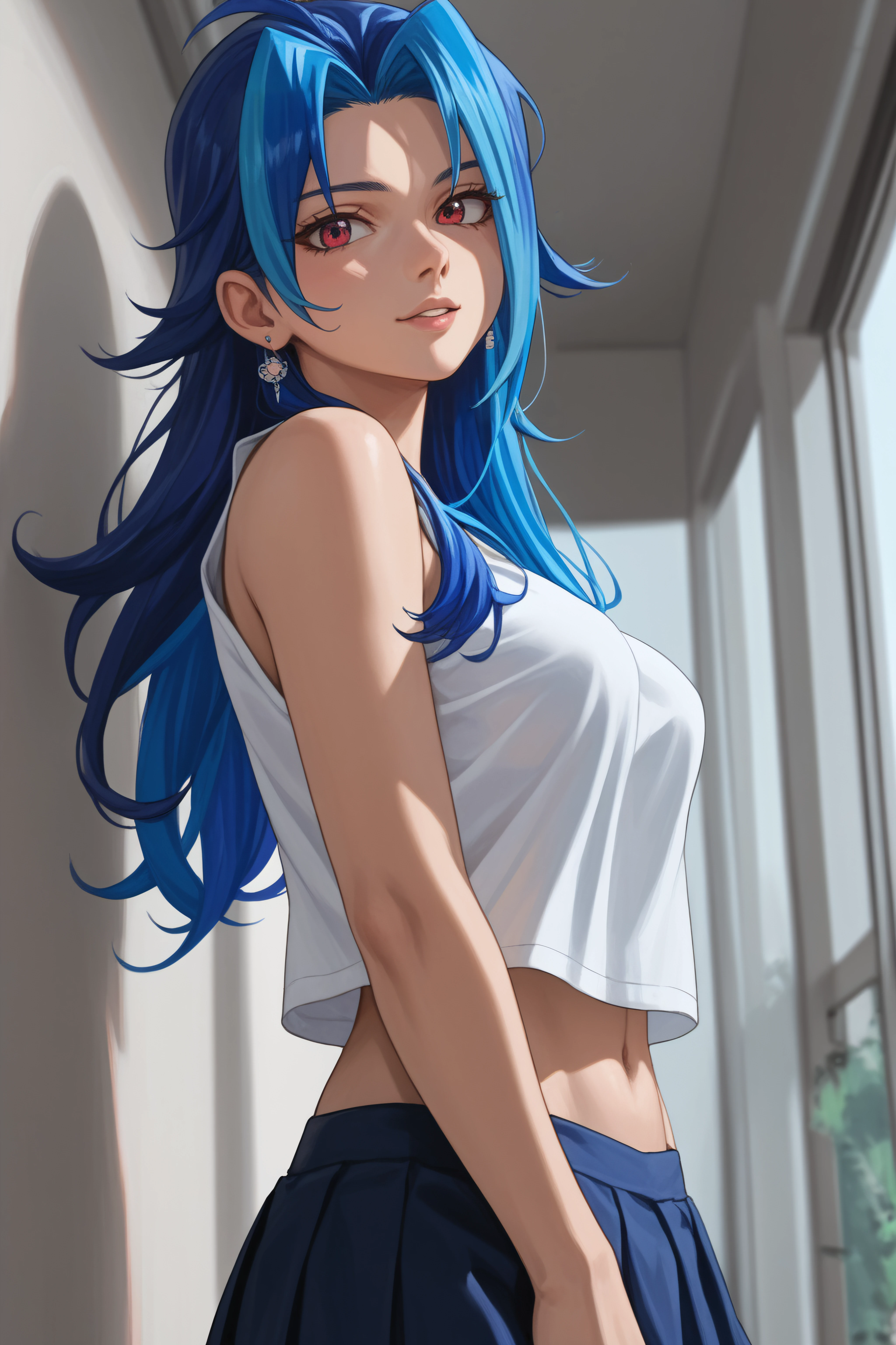 score_9, score_8_up, score_7_up, BREAK source_anime, <lora:Rio Kamishiro-PonyXL-lora-Faxtron:0.8> rio kamishiro, blue hair, multicolored hair, dyed bangs, medium breasts,