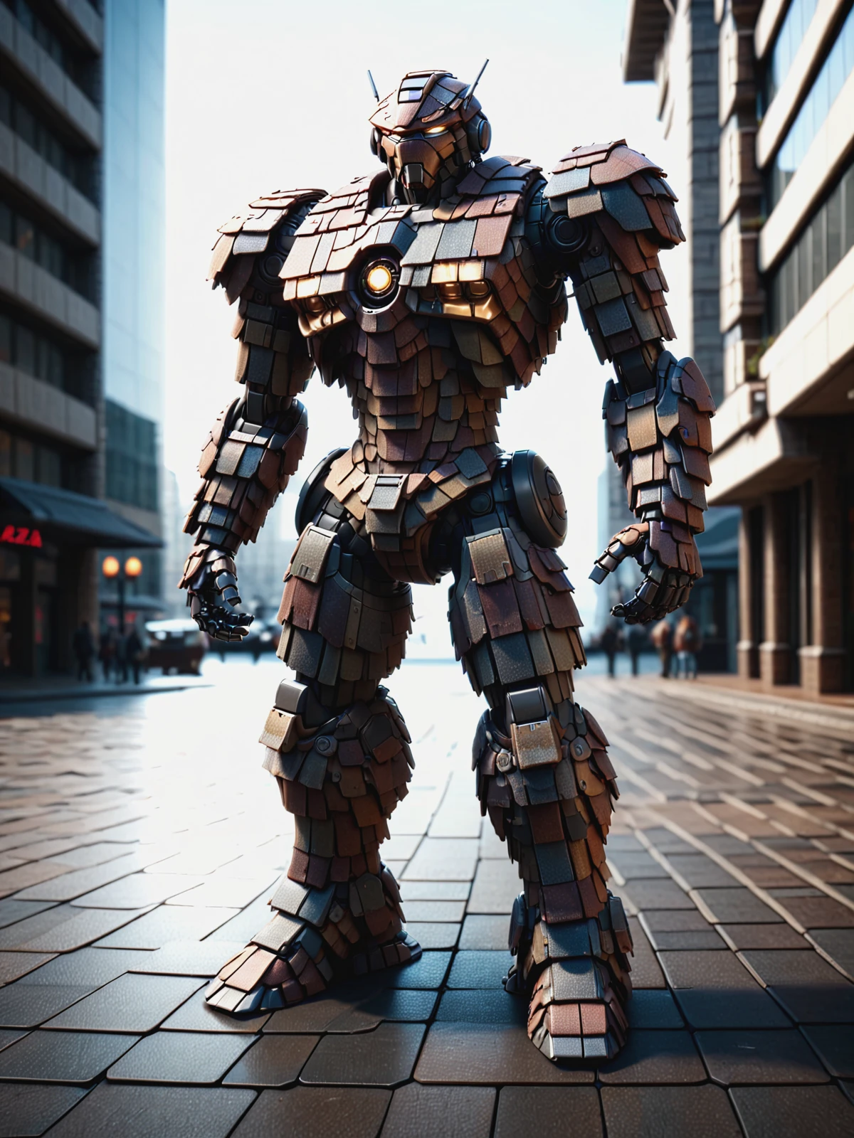 mad-shingles mecha standing on city plaza, cinematic shot, great lighting  <lora:Shingles_SDXL:1>, (masterpiece:1.2), best quality