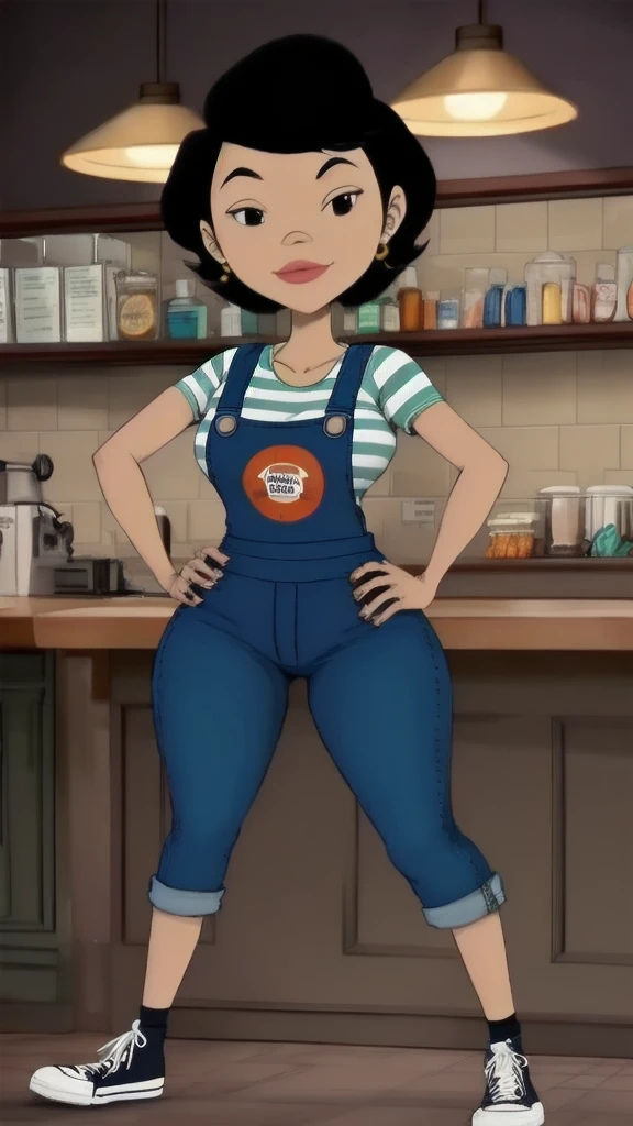 night,Hands on the hips looking confident,pussy, sulongs2 ,black eyes, black hair, short hair,Overalls, a striped t-shirt, and a pair of Converse sneakers.,Coffeehouses,woman,solo