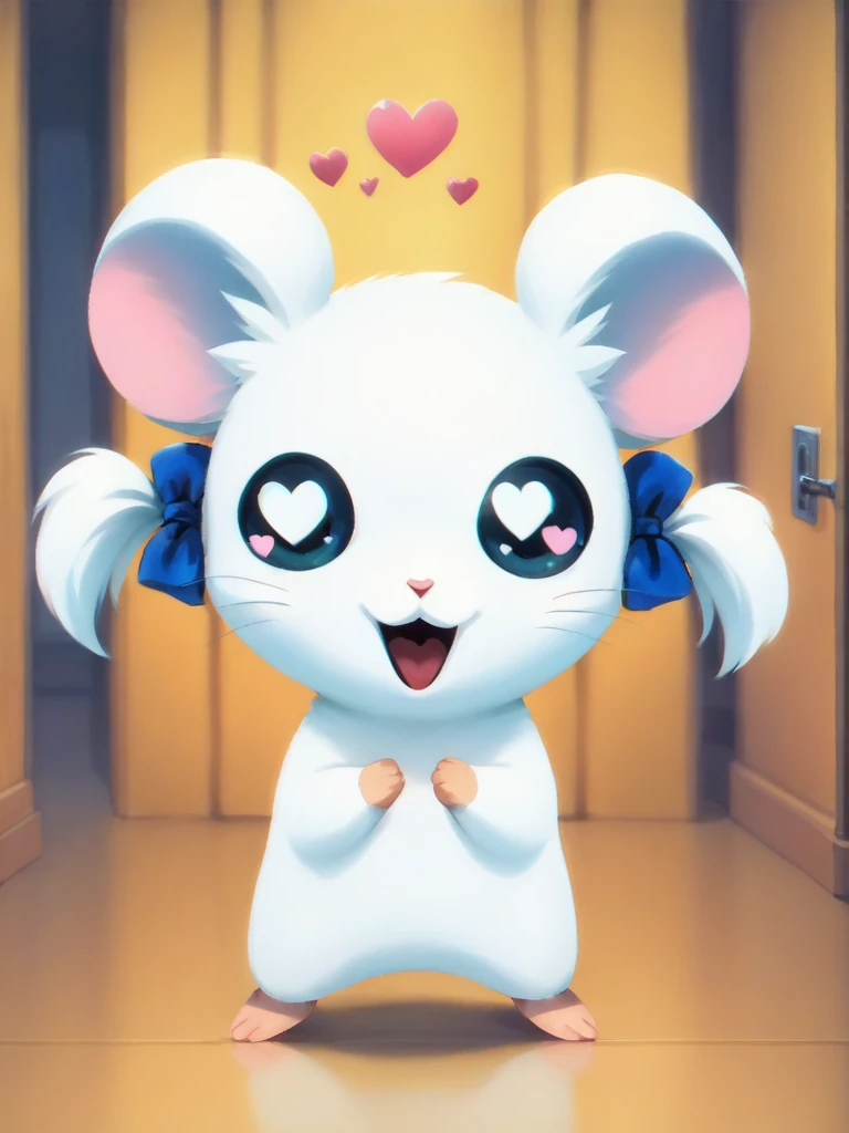 score_9, score_8_up, score_7_up, score_6_up, score_5_up, score_4_up, rating_safe, minimalist lineless art
 <lora:Hamtaro_SDXL:0.8>, Bijou, hamster, girl, pink nose, fur in the ears, black eyes, White body, white ears, pink arms, pink legs, pink tail, two pigtails, two blue bows, green highlights of the eyes, standing, reflections of the heart in the eyes, mouth open, <3, hallway