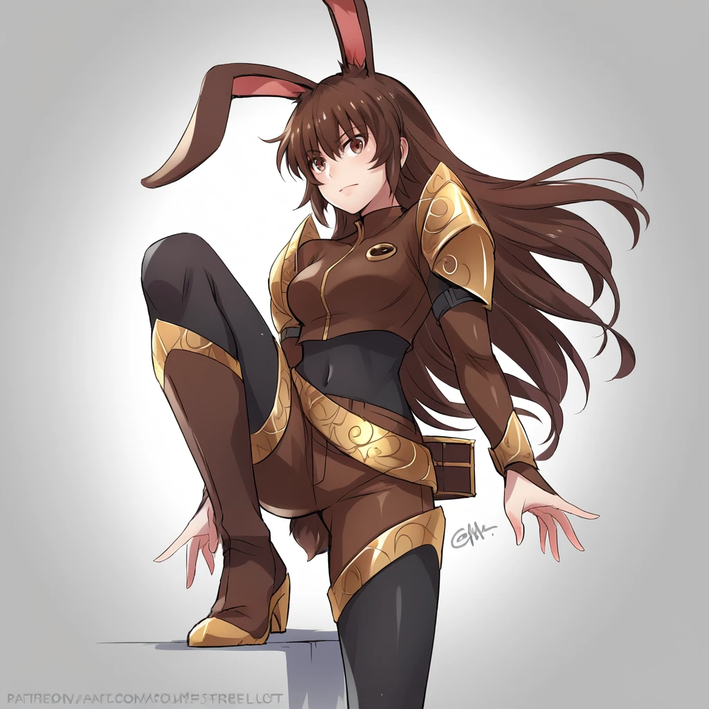 score_9, score_8_up, score_7_up, score_6_up, score_5_up, score_4_up, zPDXL2,1girl, solo, cowboy shot,on one knee,  <lora:Velvet_Scarlatina_-_RWBY:0.8> velvet_rwby, rabbit ears, brown hair, rabbit tail, thighhigh boots, black body suit, brown armor,