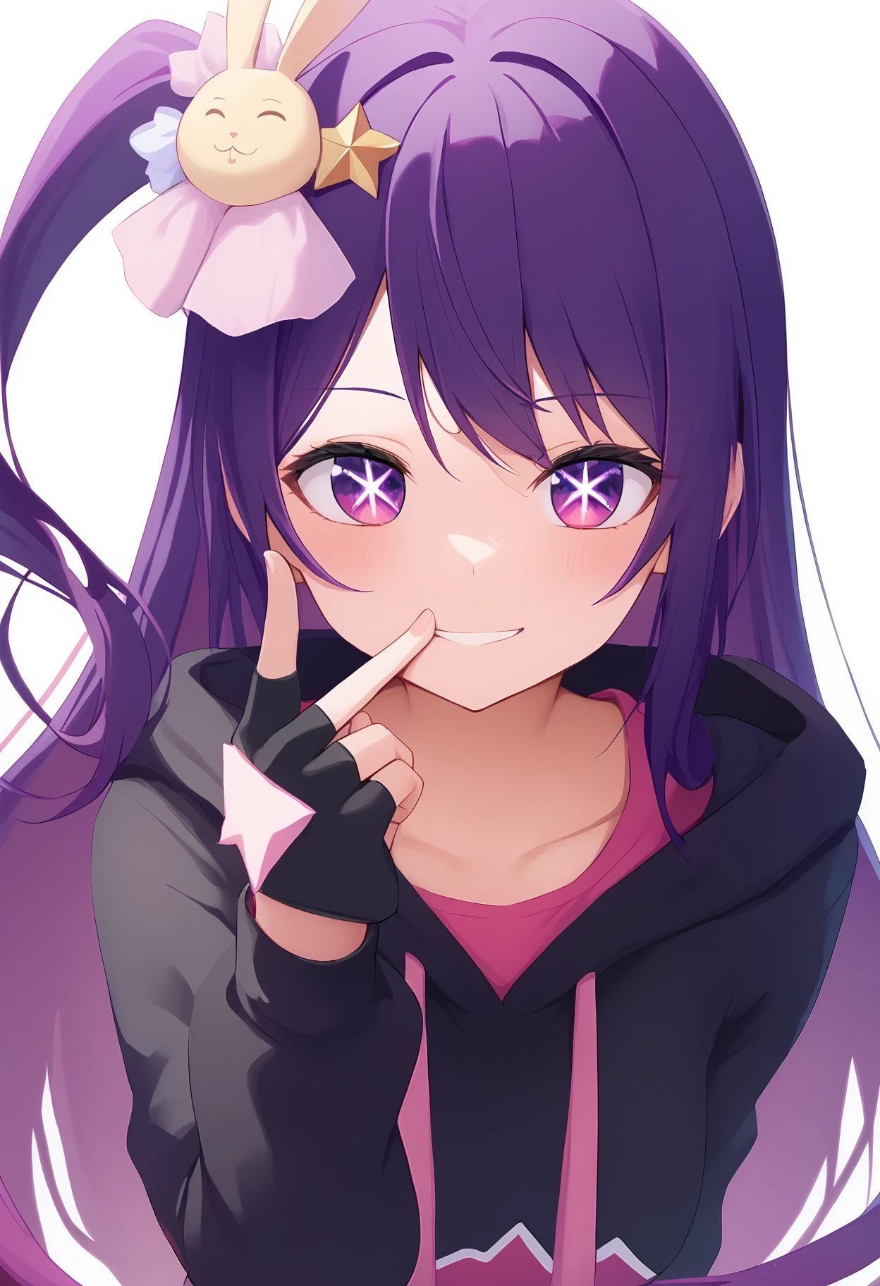 1girl, 
hoshino ai \(oshi no ko\),  
solo, star-shaped pupils, looking at viewer, sidelocks, idol clothes, very long hair, hoodie, shirt, simple background, pink shirt, gloves, pink eyes, one side up, long hair, blush, star \(symbol\), parted lips, black hoodie, collarbone, white background, symbol-shaped pupils, smile, hair ornament, upper body, grin, purple eyes, rabbit hair ornament, hood, finger to cheek, purple hair, fingerless gloves, multicolored eyes, 
score_9,  sfw
 <lora:pony_char_hoshino_ai_(oshi_no_ko)-000004:1>