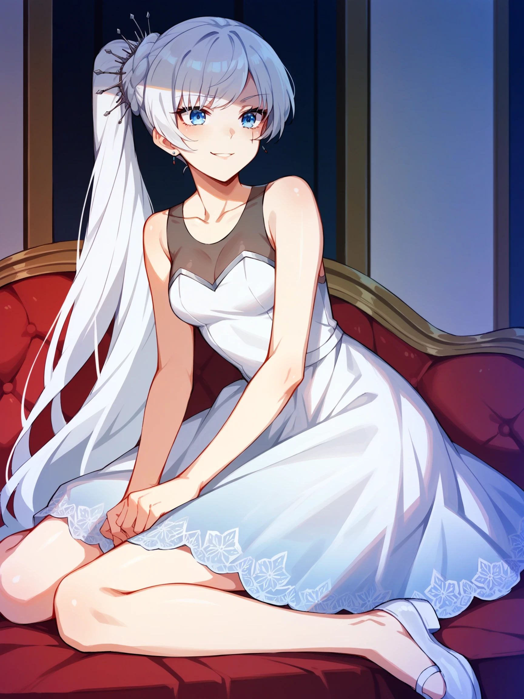 Lounging, Teasing, A playful smirk, a raised eyebrow, and a hint of dominance, indoors, WeissSchnee, 1girl, white hair, blue eyes, long hair, side ponytail, scar across eye, score_9, score_8_up, score_7_up, source_anime, Masterpiece,

, WeissDanceDress, white dress, sleeveless, bare shoulders, see-through, shoes