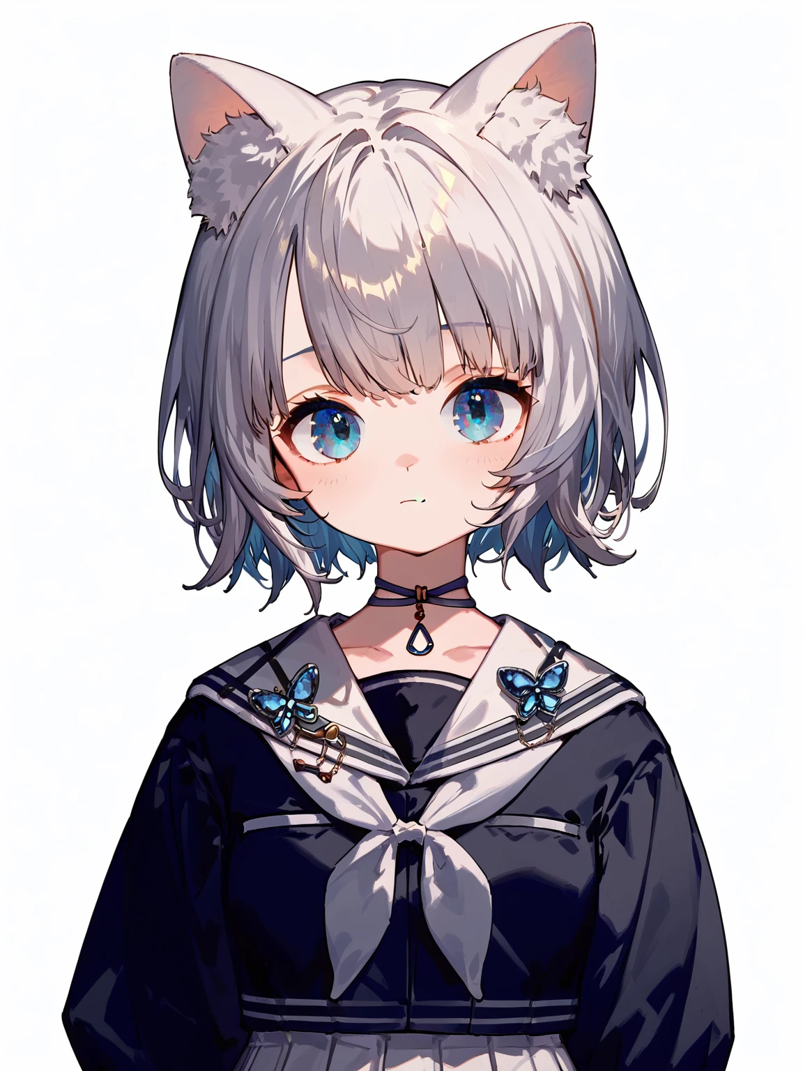 (score_9,score_8_up,score_7_up,),<lora:lulu-000008:0.9>,lulu,1girl,solo,blue eyes,virtual youtuber,short hair,choker,socks,bangs,closed mouth,white skirt,pleated skirt,white sailor collar,neckerchief,white background,simple background,upper_body,animal ears,