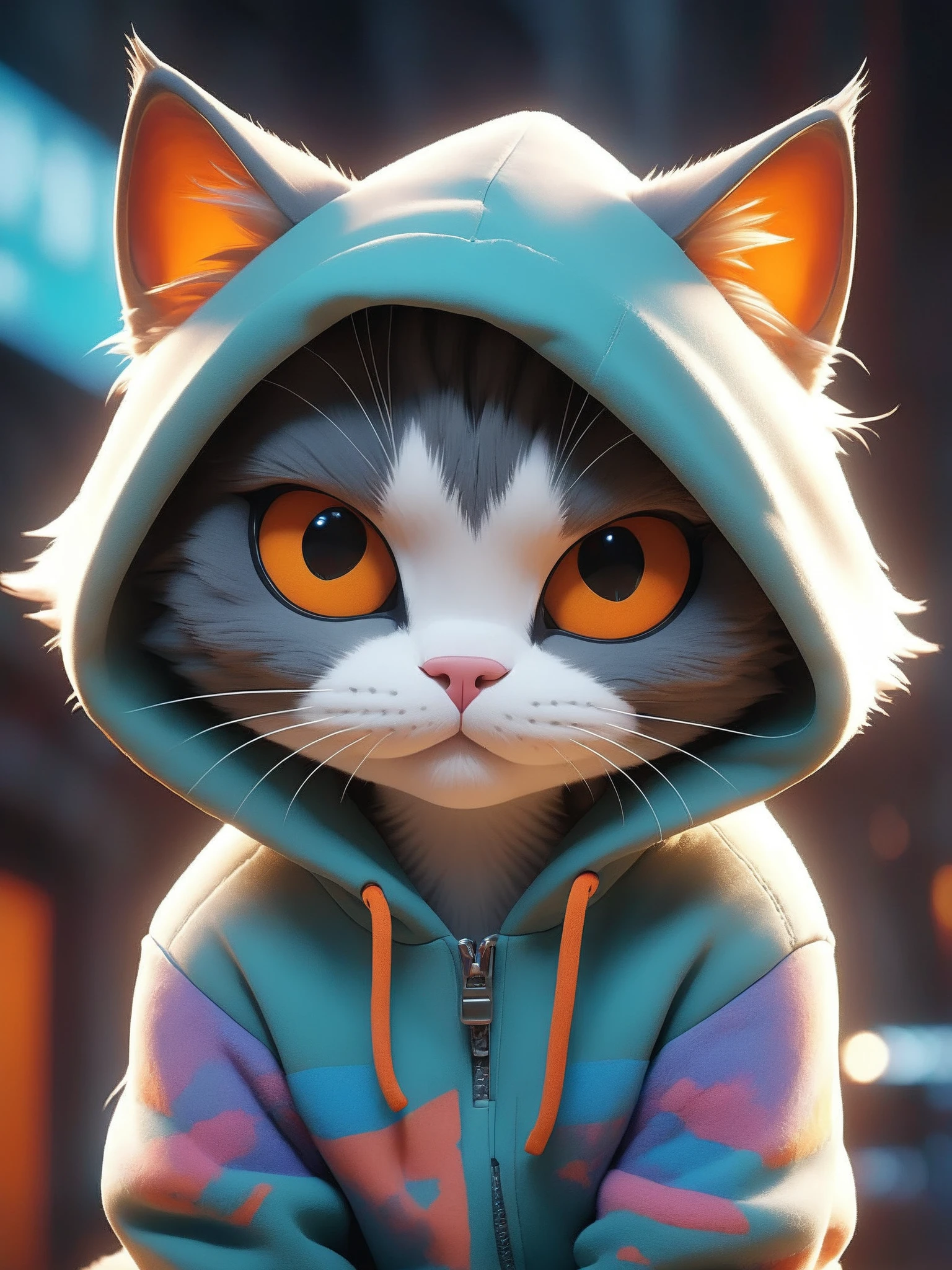 A captivating animated image featuring an urban-styled cat character. The cat dons a fashionable white hoodie adorned with a bold, colorful design, complemented by teal pants and eye-catching orange sneakers. The hood casts a shadow over its face, revealing only the cat's intense, sharp eyes and a striking mix of orange and white fur. The background bursts with vibrant colors, including pink, blue, and orange, creating a lively and energetic atmosphere..

epic action, Unreal Engine, cinematic award winning artwork, many details, extreme detailed, full of details,Wide range of colors., dramatic, Dynamic,Cinematic,Sharp details, Insane quality. Insane resolution. Insane details. Masterpiece. 32k resolution. casting shadow style, cucoloris patterned illumination,  dvr-lnds-sdxl, ral-dissolve, ral-ertmsphr, ral-porcelain, ral-pxlprtcl, Niji, aidma-niji