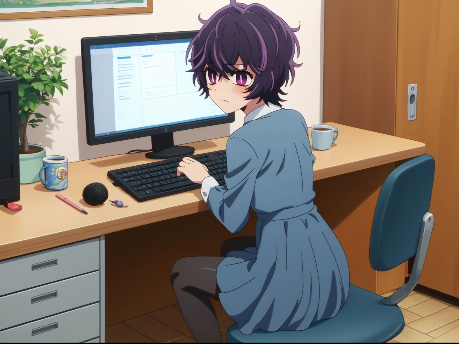 abikosamejima, 1girl, short hair, purple hair, purple eyes, messy hair, solo, streaked hair,   petite, <lora:AbikoSamejima-e10:0.9>, blush, shy, collared dress,  blue dress, long sleeves, sitting at computer desk, pantyhose,  zPDXL2