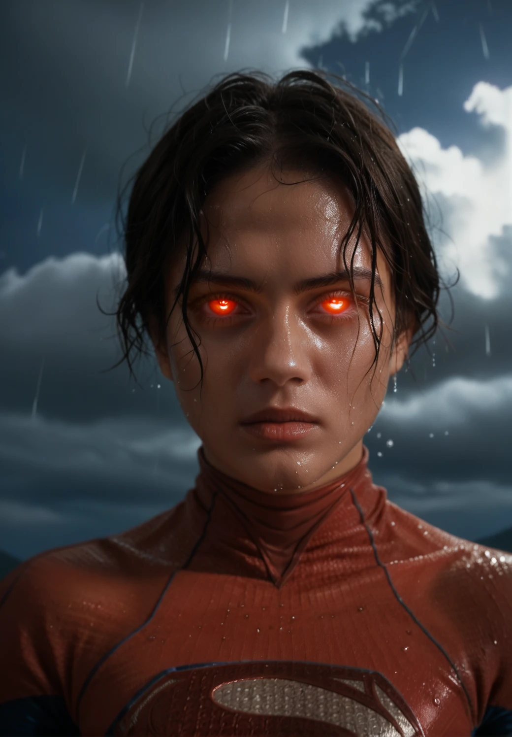 <lora:SupergirlThe_Flash:0.8> sup3rg1rl, 1girl, solo, looking at the viewer, bodysuit, portrait, dark clouds, night, rain, red eyes, (glowing eyes:2), bright reddish veins around the eyes, wet hair, wet skin, thunder and lightningm, storm, on sky <lora:sinfully_stylish_PONY_0.2:0.5> dramatic lighting, score_9, score_8_up, score_7_up, score_6_up