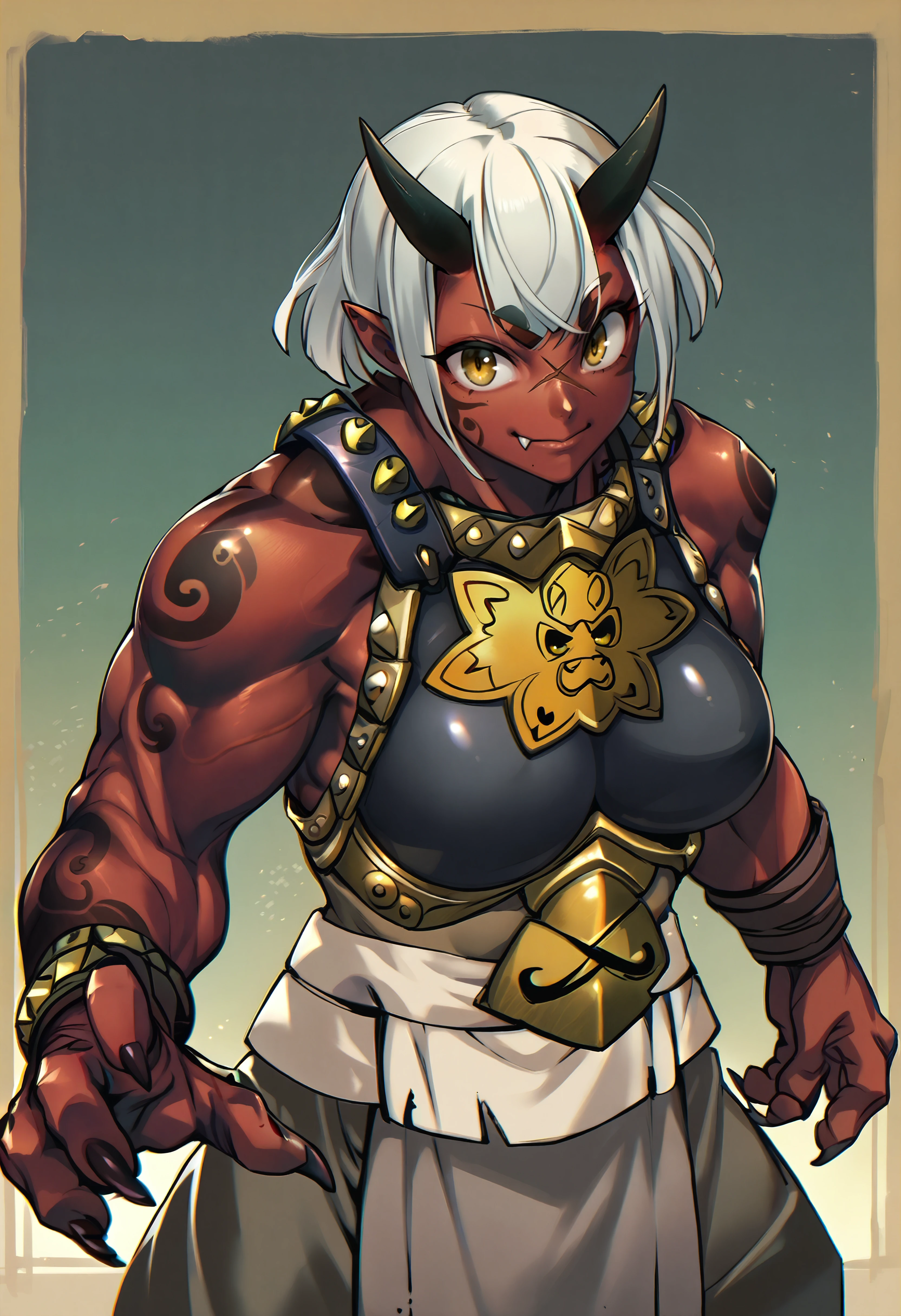 score_9, score_7_up BREAK 1girl,muscular female,red skin,white hair,short hair,oni horns,yellow eyes,smile,claws,large breasts,cute fangs,tattoo,armor,looking at viewer,scar,dynamic pose <lora:mikel4hands_pd:1>