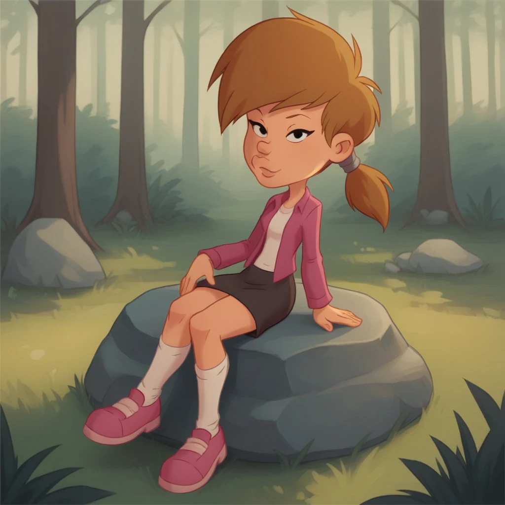 score_8_up, BREAK, 1girl, solo, NADIA, brown hair, black eyes, ponytail, shirt, long sleeves, skirt, socks, pink footwear, outdoors, forest,  <lora:Nadia_titeuf_PXL_Leaf1:1>, looking at viewer, sitting on rock,