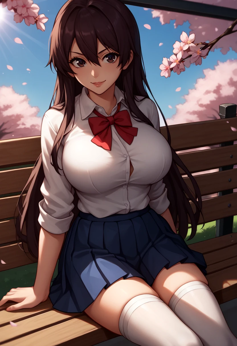 score_9, score_8_up, score_7_up, source_anime BREAK 1girl, cowboy shot, looking looking at viewer,
<lora:BambiettaBasterbineDwnsty:1>, basterb, brown hair, long hair, hair between eyes, brown eyes, white shirt, collared shirt, bowtie, pleated skirt, blue skirt, school uniform, white thighhighs, outdoors, sunlight, school yard, cherry blossoms, blue sky, bench, outdoors, sunlight, school yard, cherry blossoms, blue sky, bench, sitting, on bench,
large breasts, skindentation, lips, evil smile,