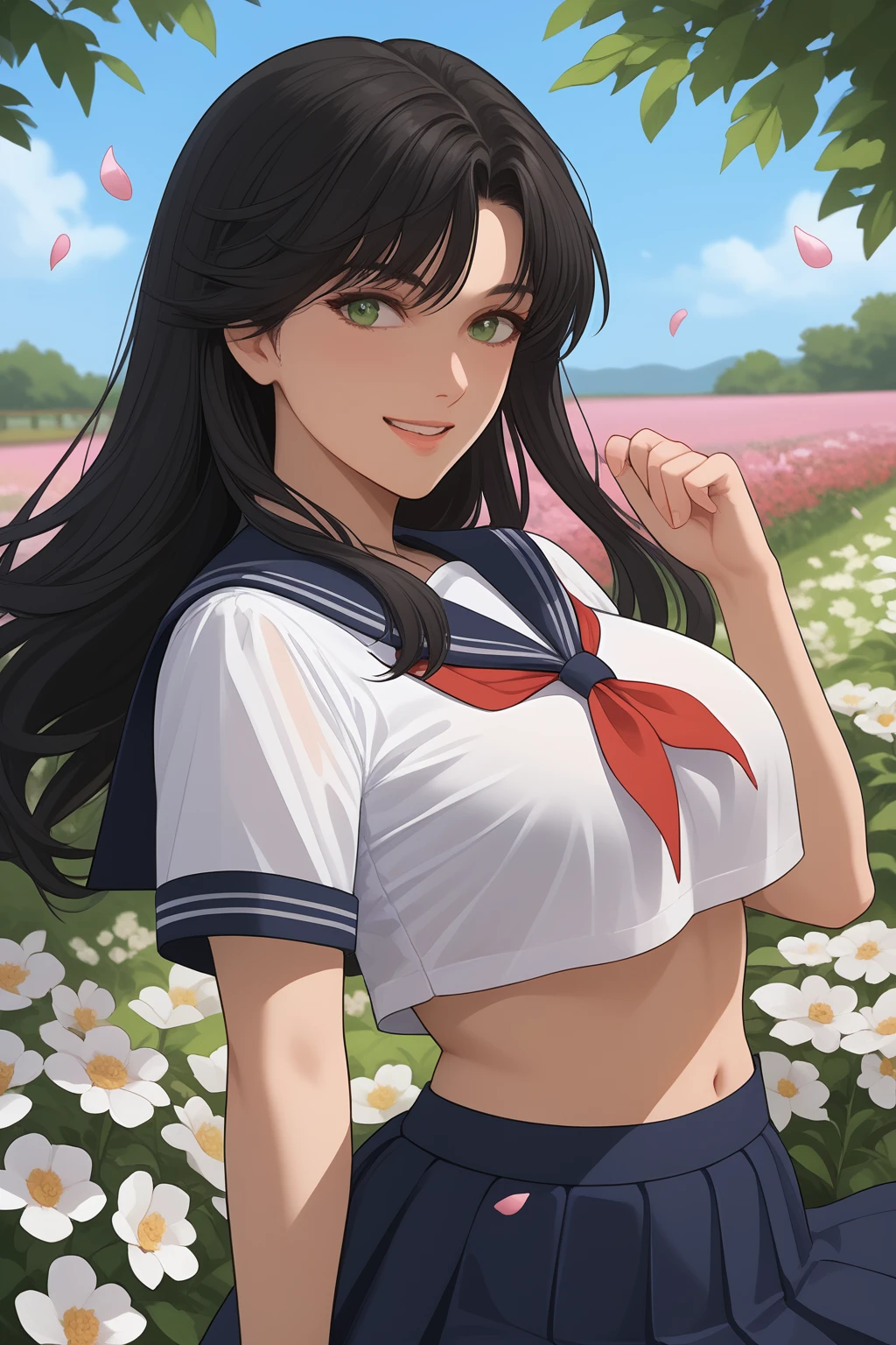 Orie, Black Hair, Long Hair, Bangs, Green Eyes, Big Breast, Cleavage, serafuku, sailor collar, crop top, underboob, shirt lift, blue skirt, pleated skirt, short sleeves, white shirt, red bowtie, see-through,
(nsfw), (uncensored), (score_9), score_8_up, score_7_up, source_anime, cowboy shot, dynamic pose, 1 Female, solo, happy smile joy, blush, ashamed, shy, sexy, charming, alluring, seductive, enchanting, erotic,
((outdoors)), ((flower garden)), ((flowers)), ((many flowers)), spring petals, petals of flowers, spring, falling petals, flying butterflies<lora:EMS-424878-EMS:0.700000>