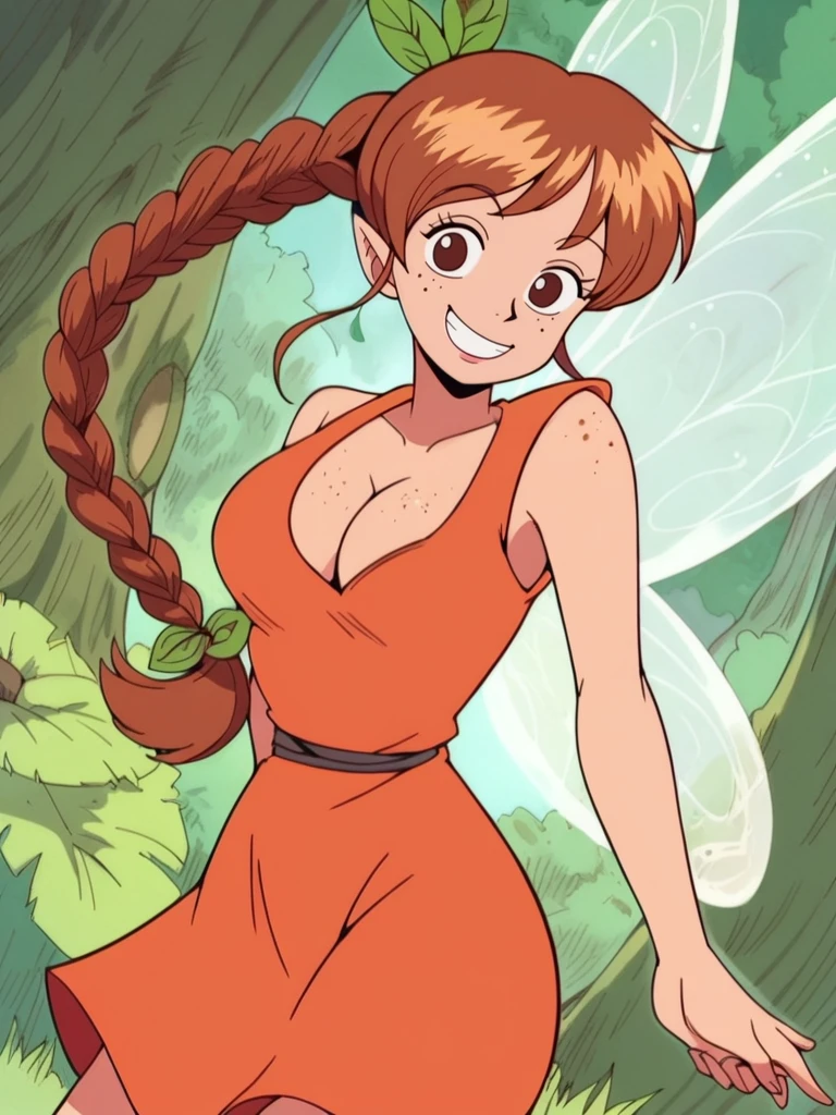 score_9, score_8_up, score_7_up, score_6_up, 1girl, fairy wings, brown eyes, brown long hair, single braid, orange dress, leaf hair ornament, freckles, sexually suggestive, curvy, medium breast, sexy, looking at viewer, cowboy shot, dynamic pose, cute, solo, dutch angle, cleavage, forest, vegetation, smile, :D,
<lora:FawnXLP_character:0.8> FawnXLP, cartoon, <lora:one_piece_style_pony:1> one_piece_style,