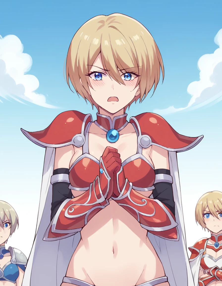 score_9, score_8_up, score_7_up, source_anime, <lora:akane-hououji-s1-ponyxl-lora-nochekaiser:1>, akane hououji, short hair, bangs, blue eyes, blonde hair, hair between eyes,, <lora:elizabeth-bathory-brave-cosplay-ponyxl-lora-nochekaiser:1>, elizabethbathorybravecosplay, elizabeth bathory (brave) (fate) (cosplay), armor, bikini armor, pauldrons, shoulder armor, red armor, silver trim, navel,, landscape, fighting stance, blush, open mouth,, , cowboy shot, dutch angle