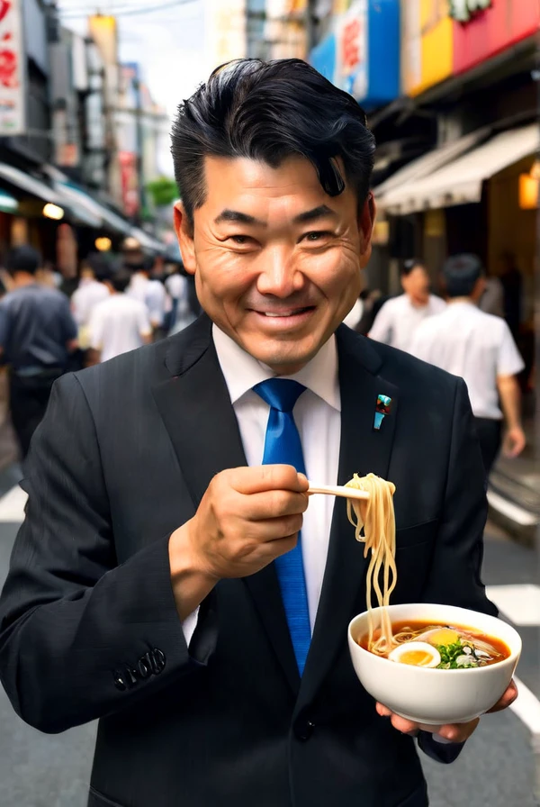 <lyco:Izumi_Kenta:1.0>, highly detailed professional 8k raw photography, best hyperrealistic quality backgrounds, volumetric real-time lighting and shadows, smile, middle aged man, asian, black hair, wearing  black suit and blue tie, white shirts under the black suit, Asian, (Izumi Kenta), eating ramen by hands, tokyo city streets background