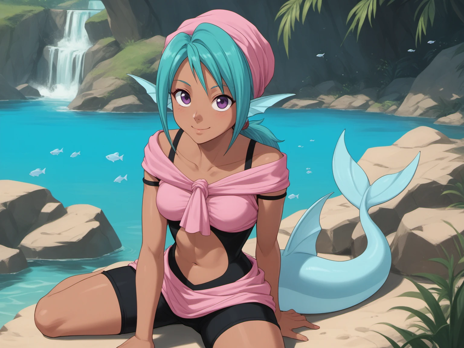 Juri, 1girl, fish girl, head fins, purple eyes, aqua hair, bandana, dark skin, <lora:Juri-8-8-c:1>, solo, tail, fish, score_10, score_9_up, score_8_up, navel cutout