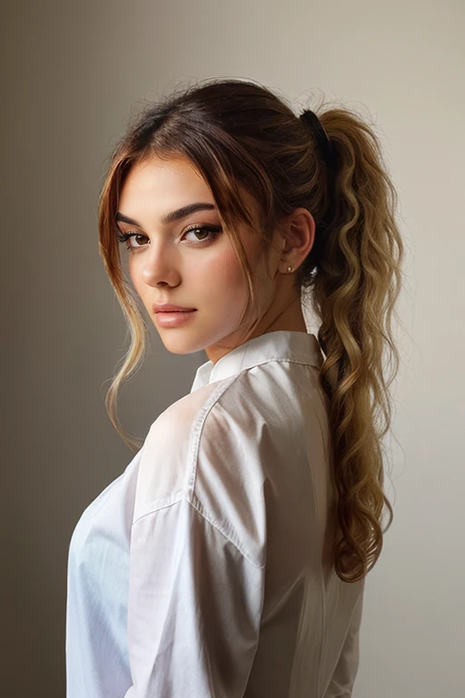 front ponytail a breathtaking beauty photo of a beautiful woman <lora:KelseyCalemine:1>, curly afro hair with blonde highlights, long hair, simple neutral dark background, dramatic rim lighting, fill lighting,  looking at viewer,  OverallDetail, wearing a white shirt,  SkinDetail