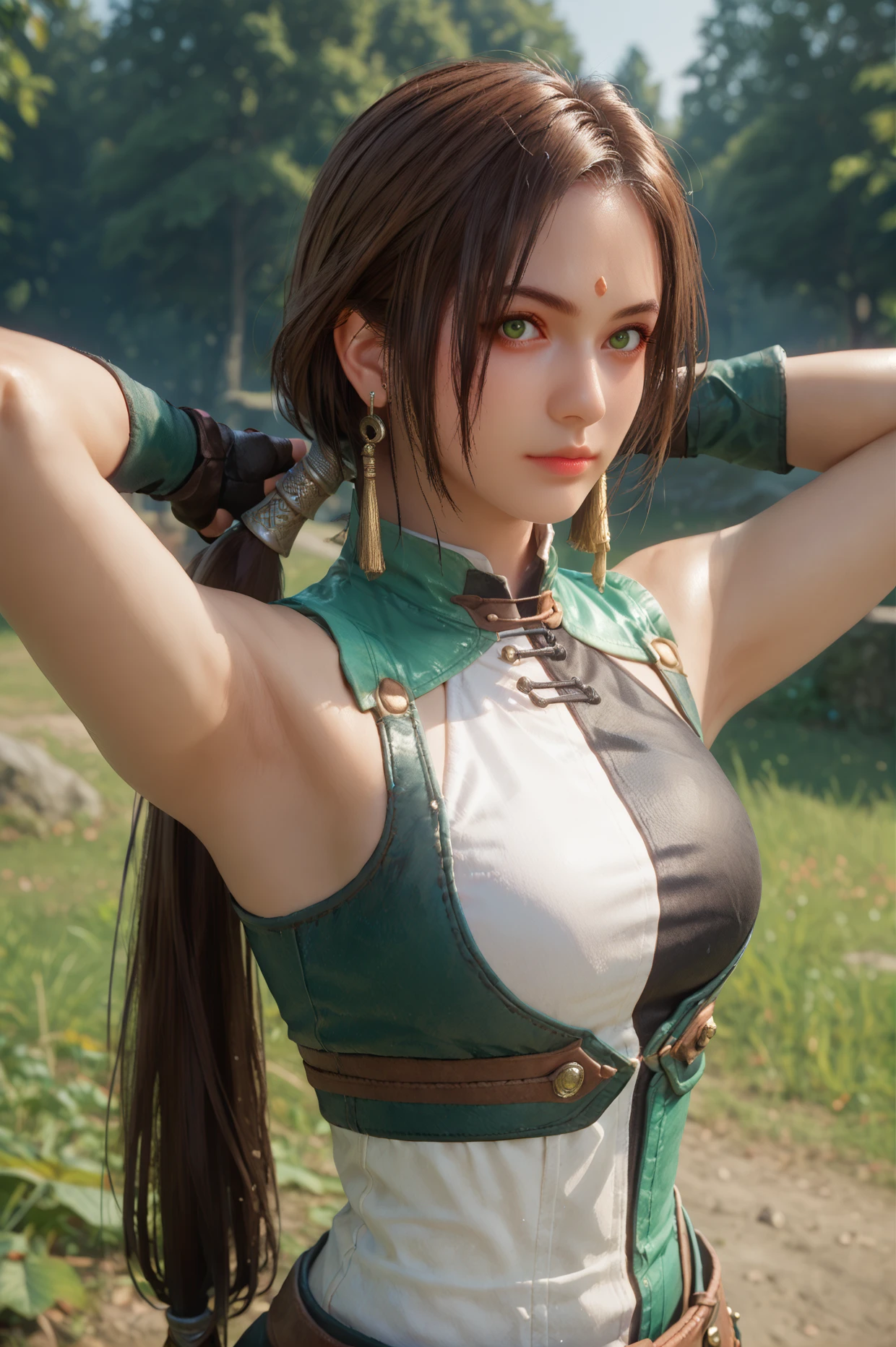 score_9, score_8_up, score_7_up, half body shot, Standing with arms behind the head, <lora:Yueying_Dynasty_Warriors:0.7> 1girl, solo, green eyes, brown hair, long hair, ponytail, earrings, jewelry, fingerless gloves, looking at viewer, outdoors