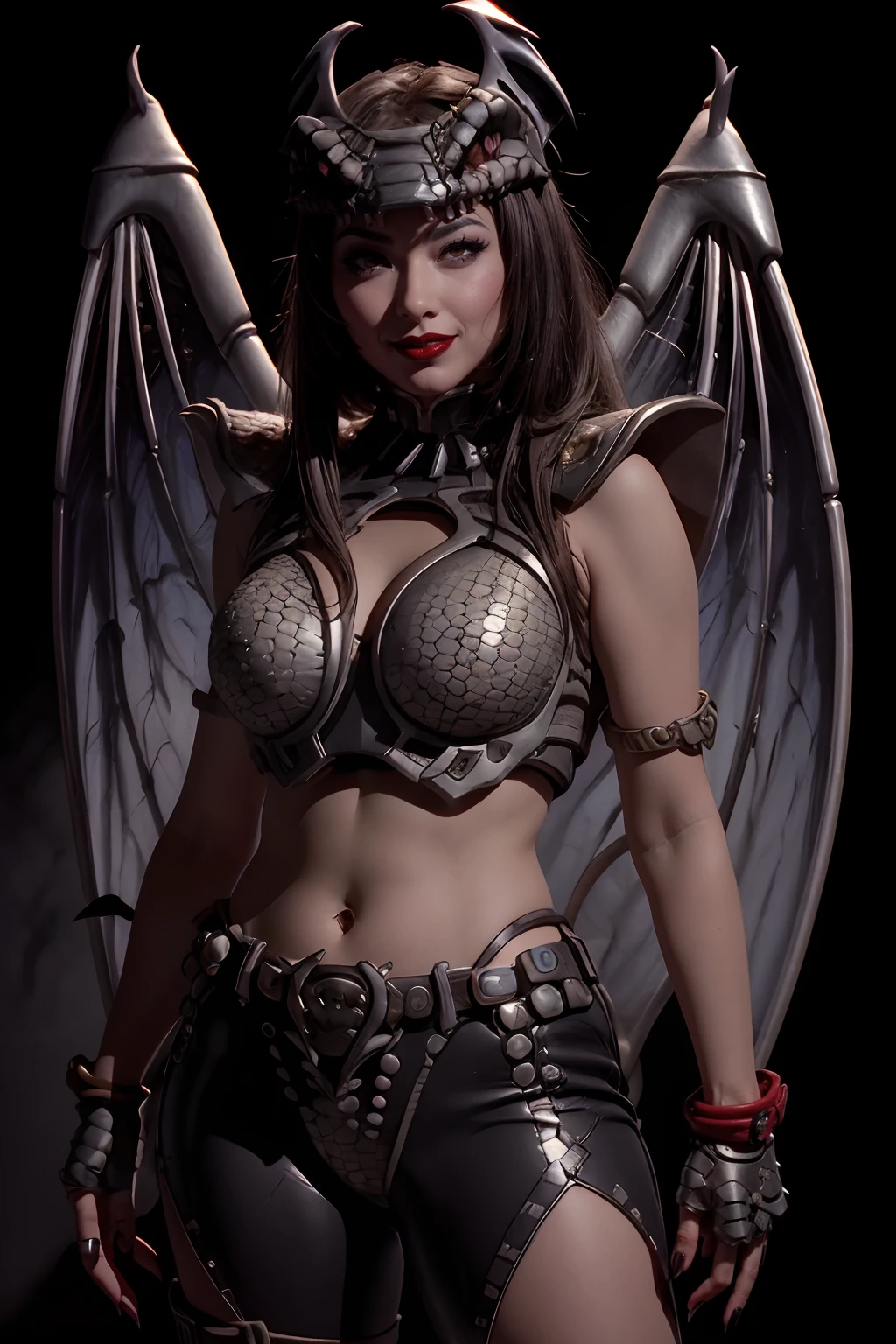 Vypruznilpa evil winged Demon woman, evil grin, (clothing:1.37)(silver knight armor), long dark hair(red thick eyebrows), fantasy, highly detailed, digital painting, artstation, concept art, character art, illustration, art by greg rutkowski, tyler jacobson, alphonse mucha, ross tran and makoto shinkai <lora:Vypruznilpa:1>